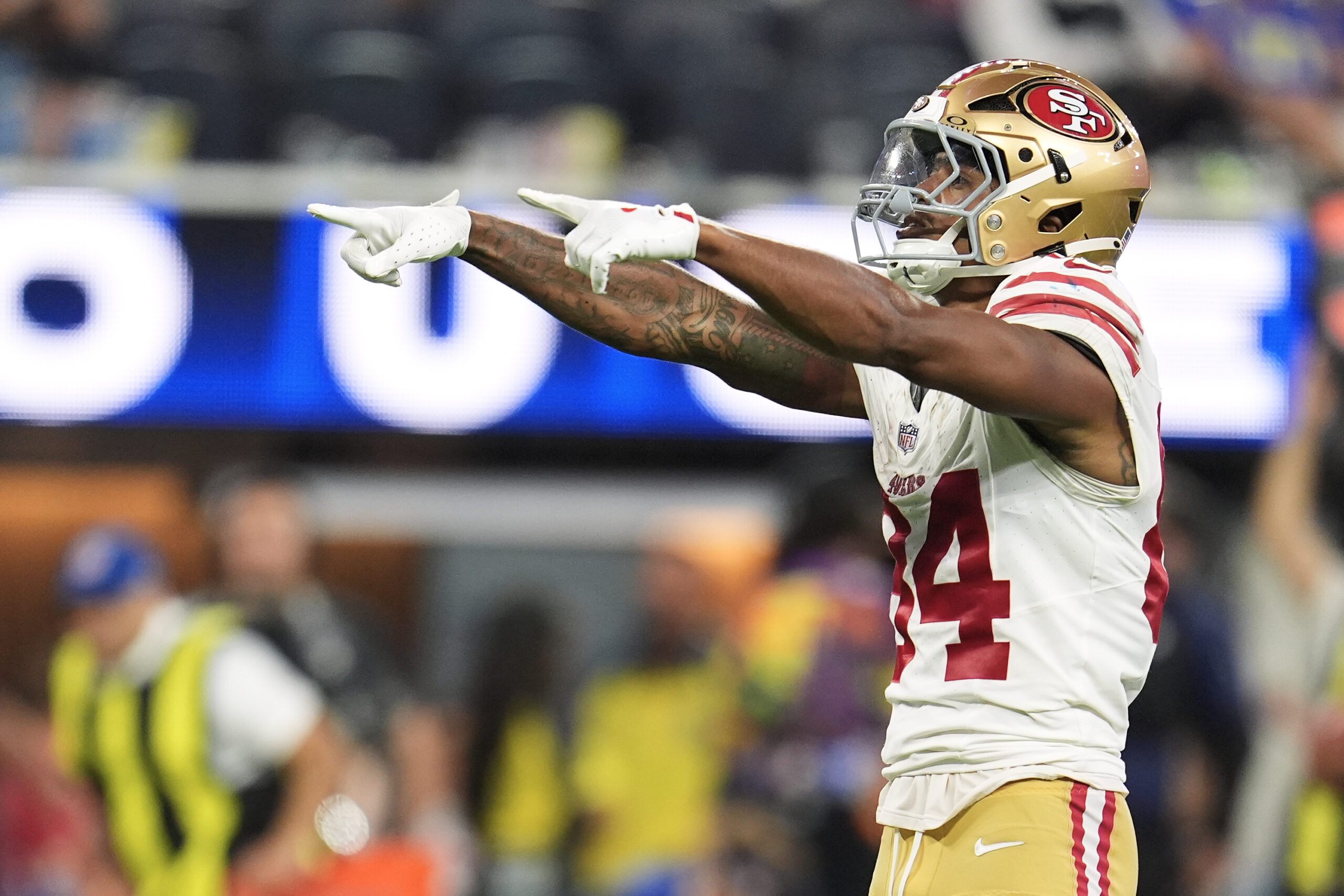 San Francisco 49ers wide receiver Kendrick Bourne (84) gestures after...