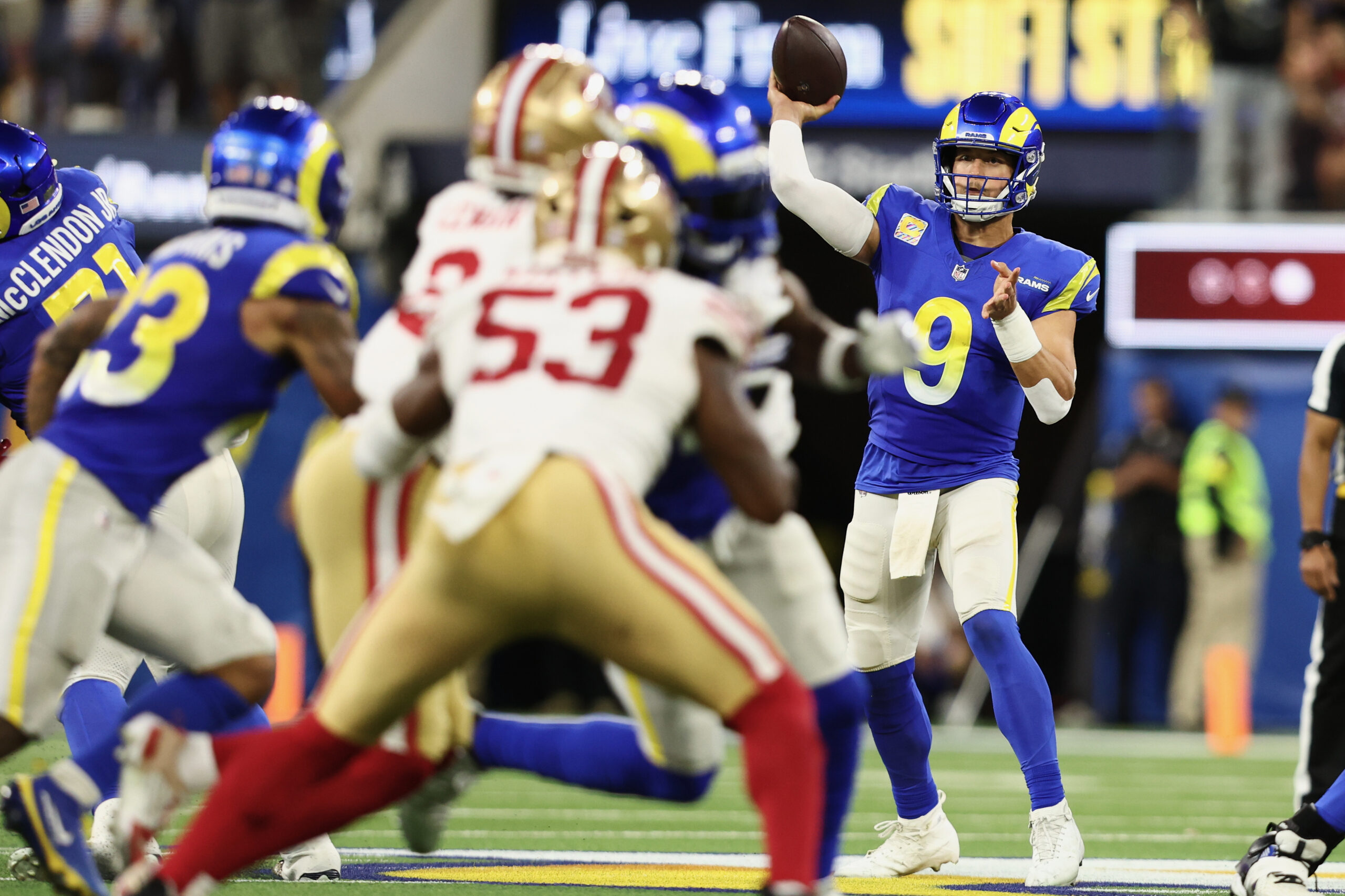 Rams quarterback Matthew Stafford (9) passes against the San Francisco...