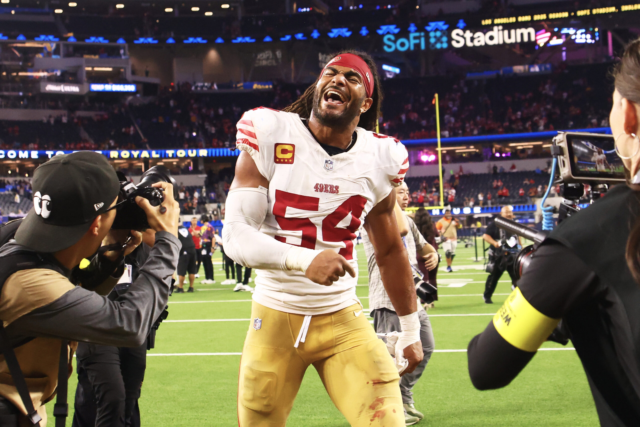 San Francisco 49ers middle linebacker Fred Warner (54) celebrates after...