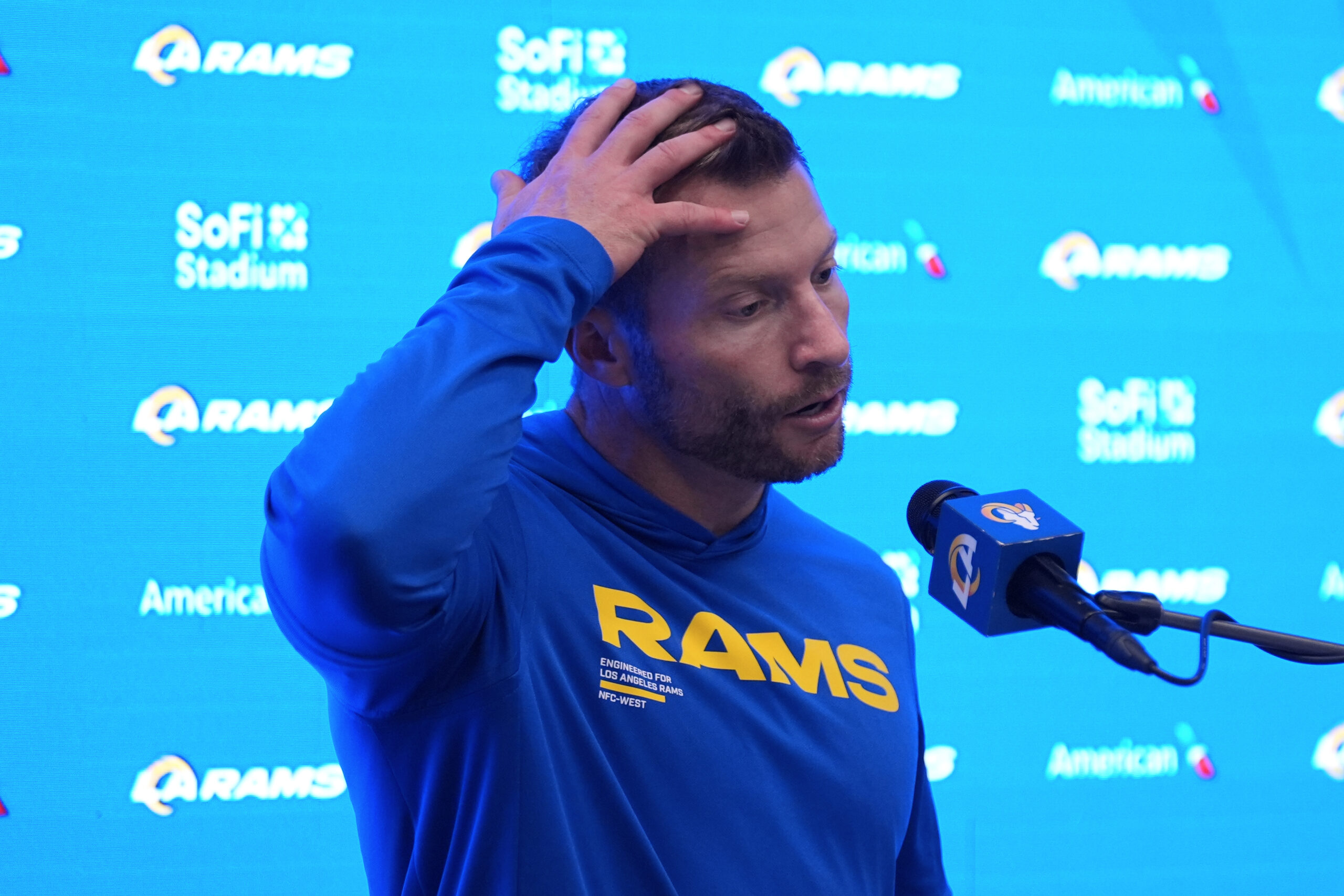 Rams head coach Sean McVay speaks at a news conference...