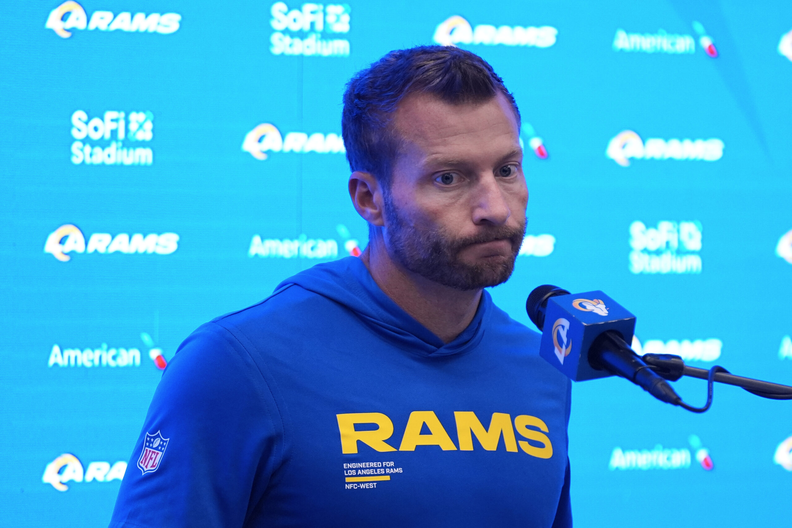 Rams head coach Sean McVay speaks at a news conference...