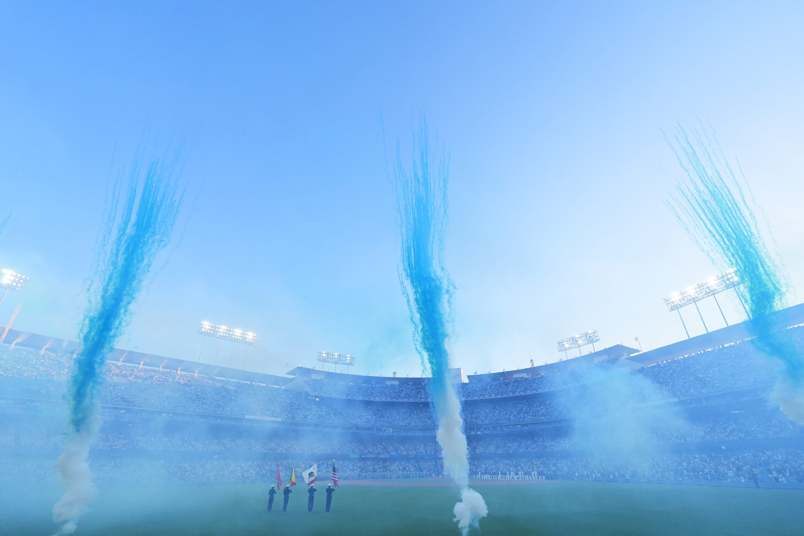 The national anthem plays before Game 3 of baseball’s National...