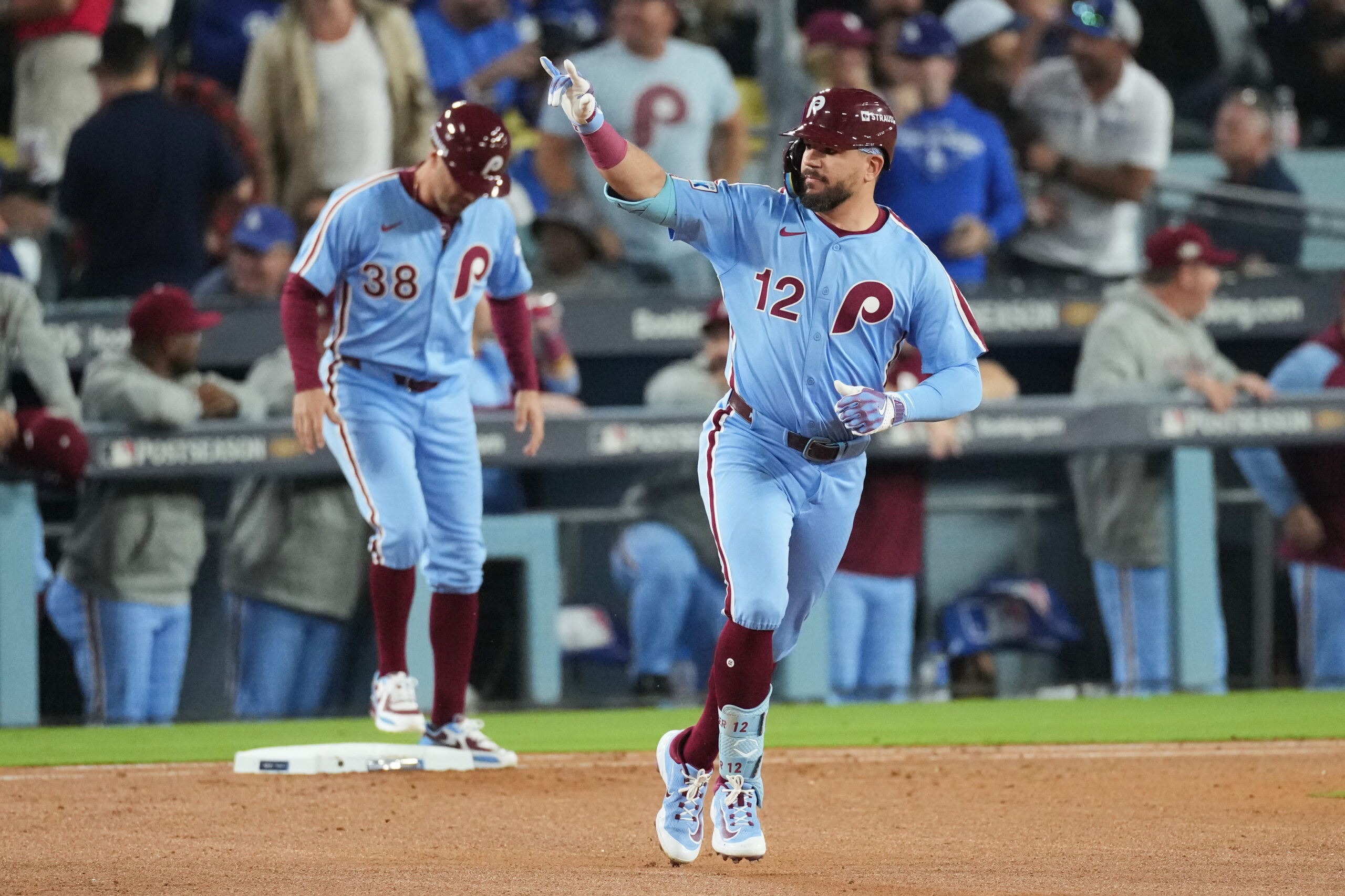 The Philadelphia Phillies’ Kyle Schwarber celebrates after hitting a solo...