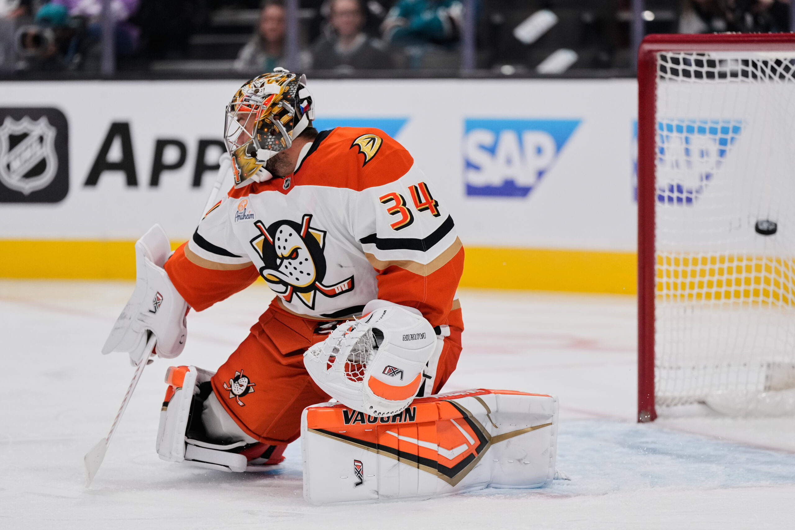 Ducks goaltender Petr Mrazek (34) is unable to stop a...