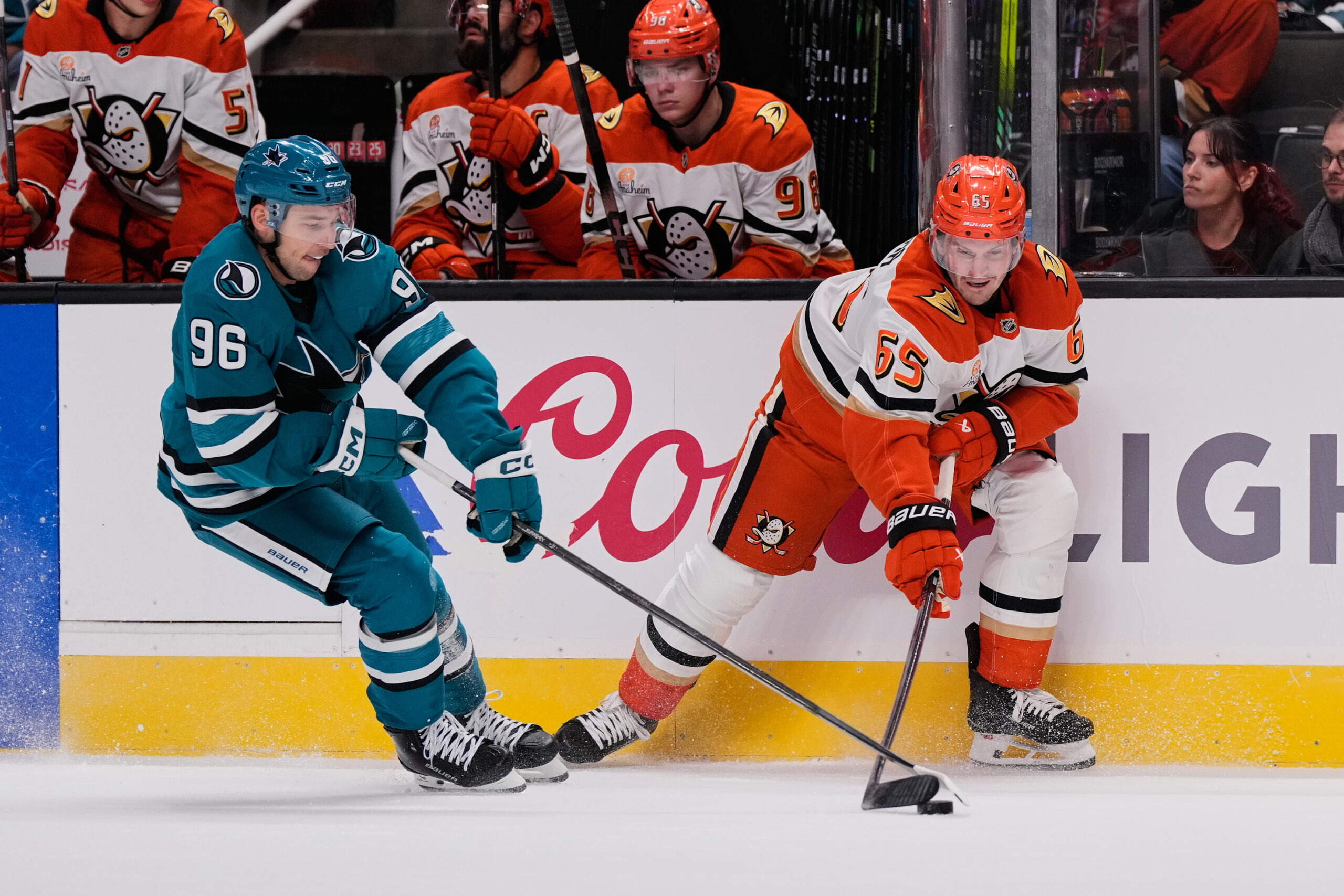 San Jose Sharks center Philipp Kurashev (96) and Ducks defenseman...