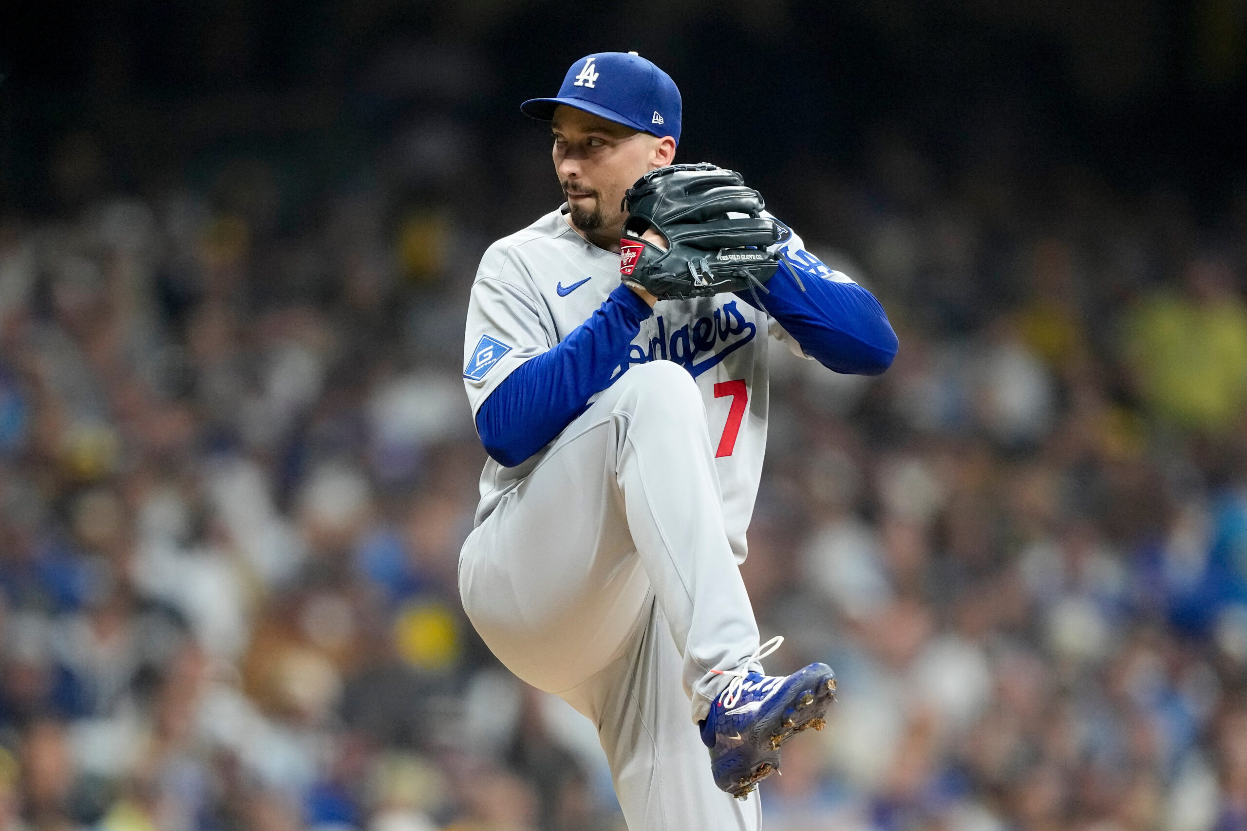 Los Angeles Dodgers pitcher Blake Snell throws against the Milwaukee...