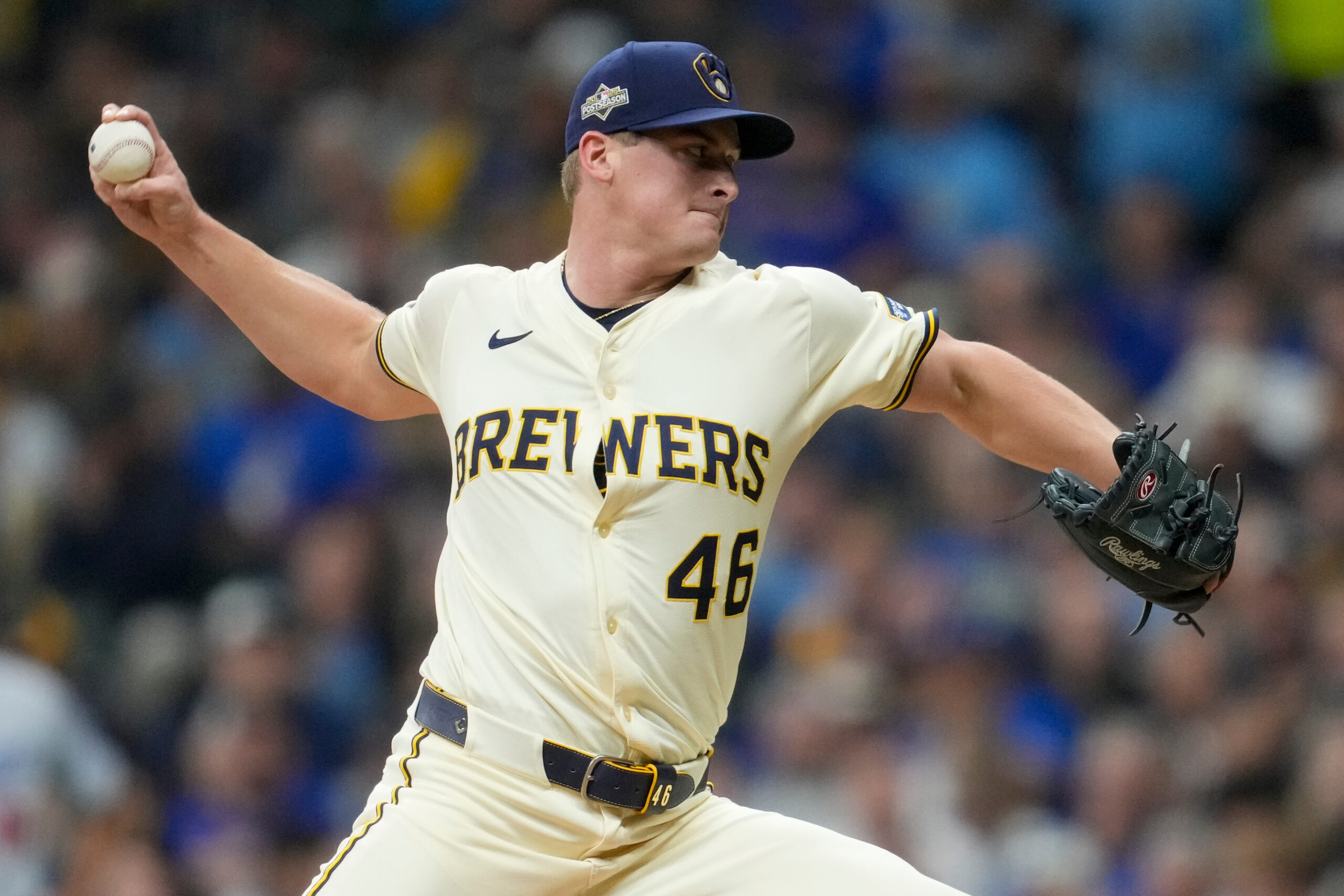 Milwaukee Brewers pitcher Quinn Priester throws against the Los Angeles...