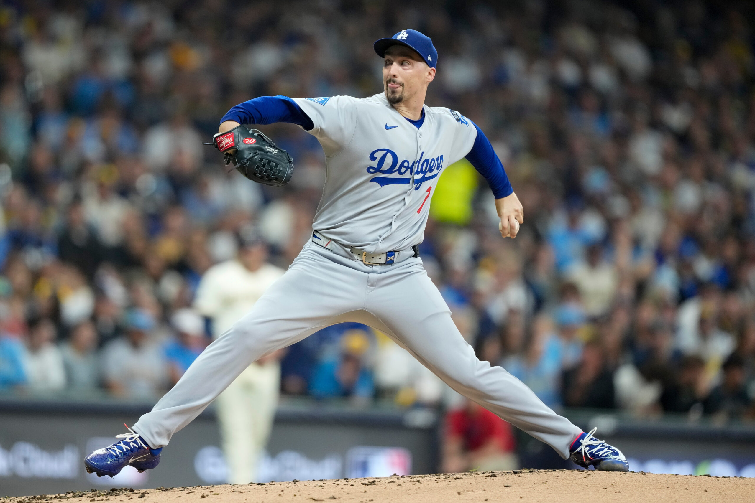 Los Angeles Dodgers pitcher Blake Snell throws against the Milwaukee...