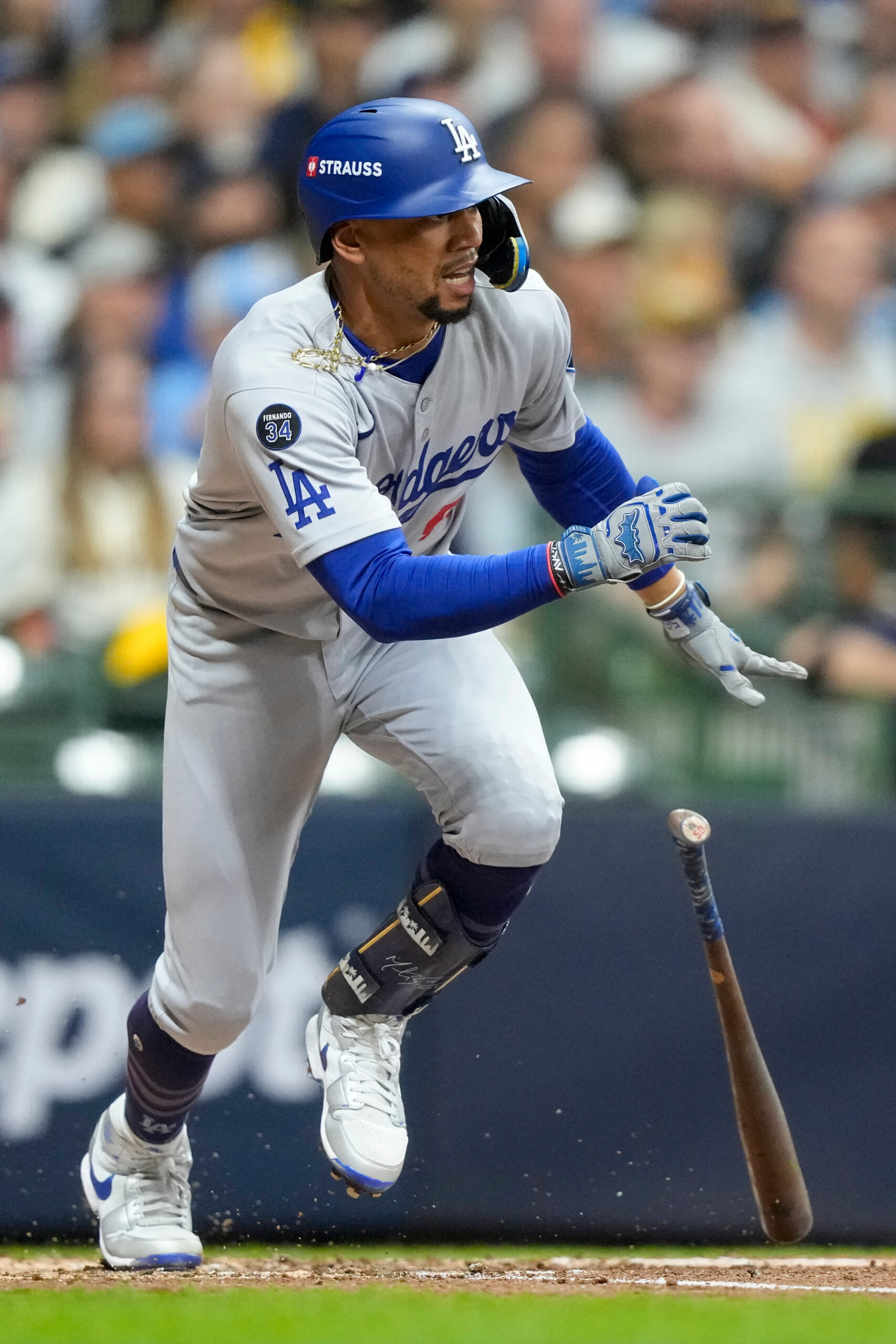 The Dodgers’ Mookie Betts grounds out during the third inning...