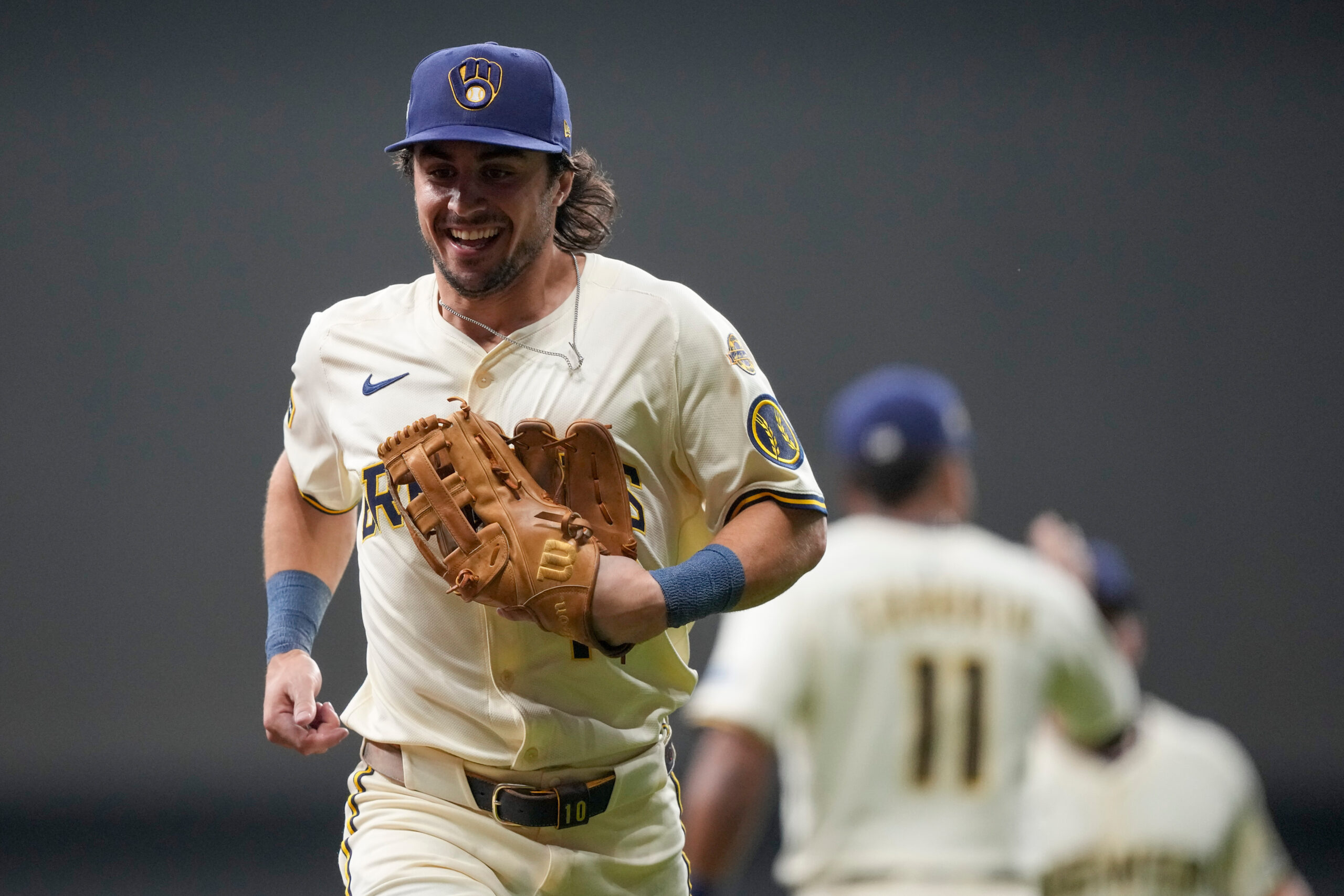 Milwaukee Brewers center fielder Sal Frelick celebrates after the last...