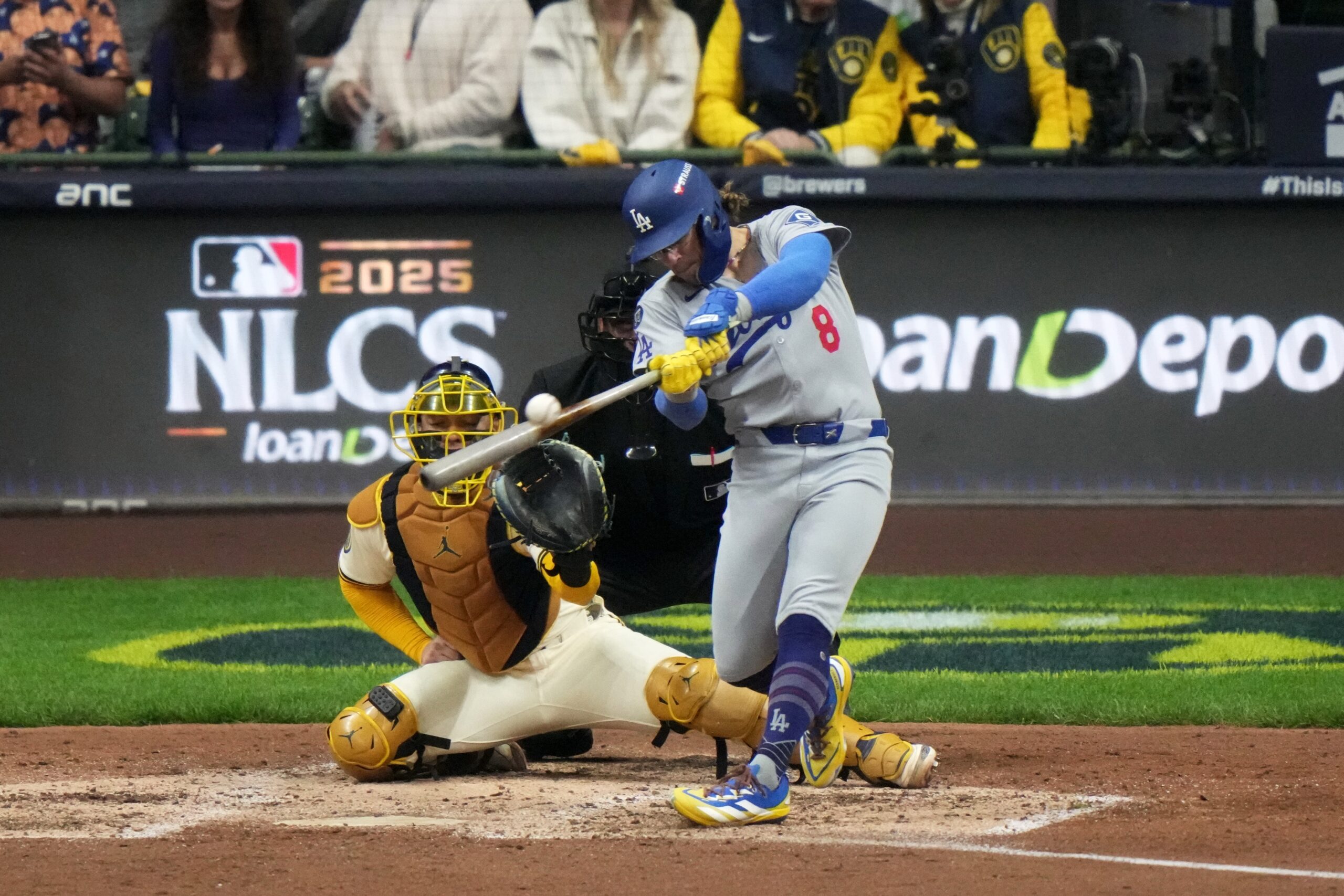 The Dodgers’ Kike Hernández hits a double during the fifth...