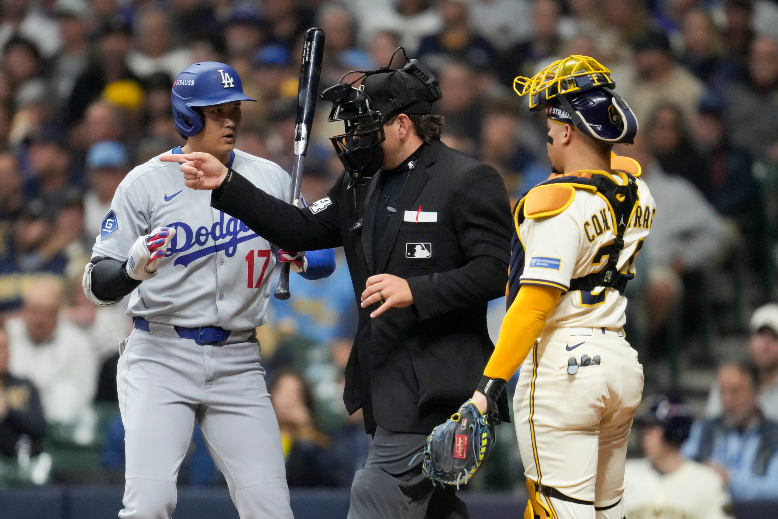Dodgers star Shohei Ohtani is intentionally walked against the Milwaukee...
