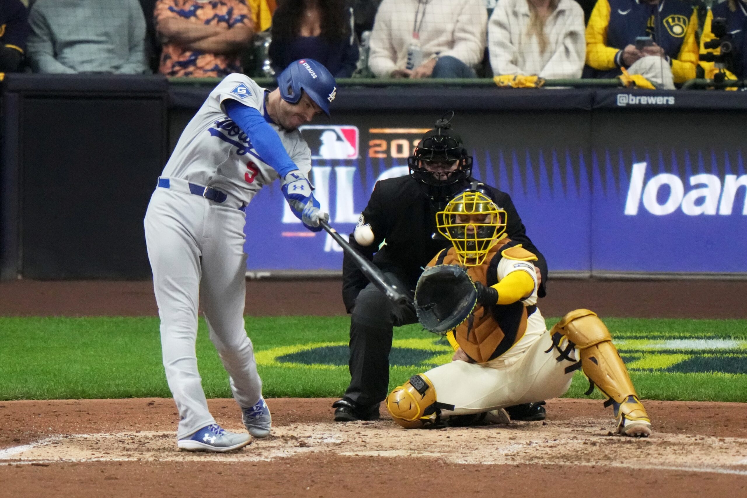 The Dodgers’ Freddie Freeman hits a solo home run during...