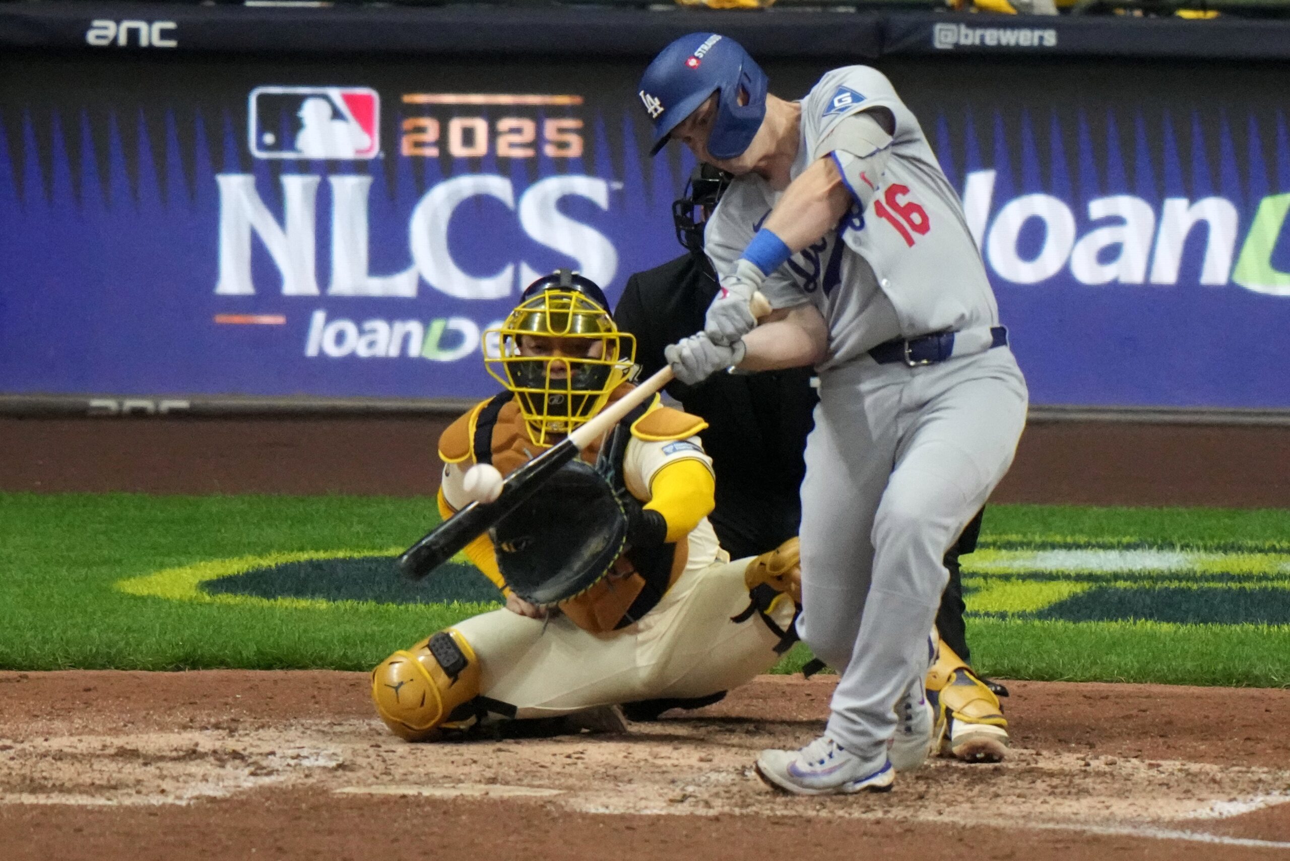 The Dodgers’ Will Smith hits a single during the sixth...
