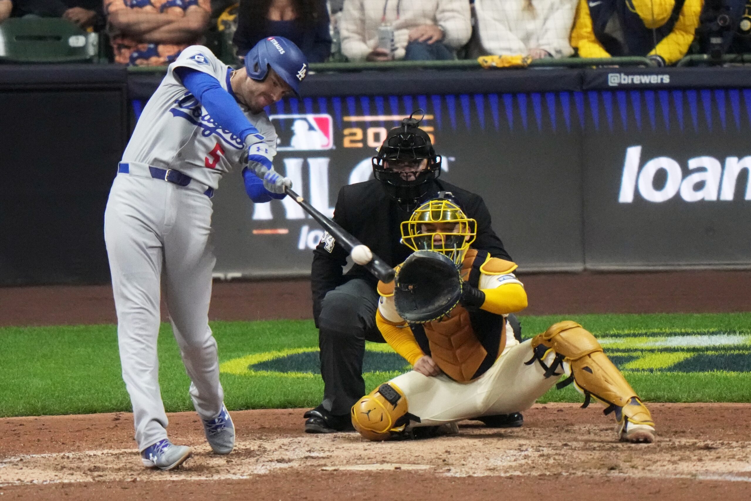 The Dodgers’ Freddie Freeman hits a double during the eighth...