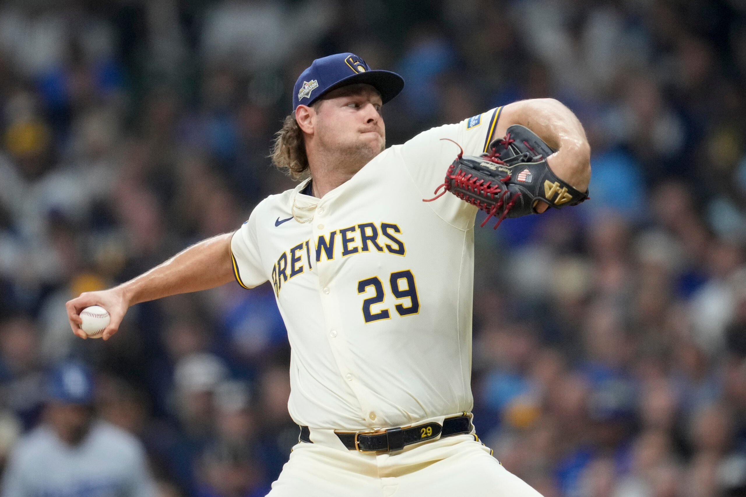 Milwaukee Brewers pitcher Trevor Megill throws against the Dodgers during...