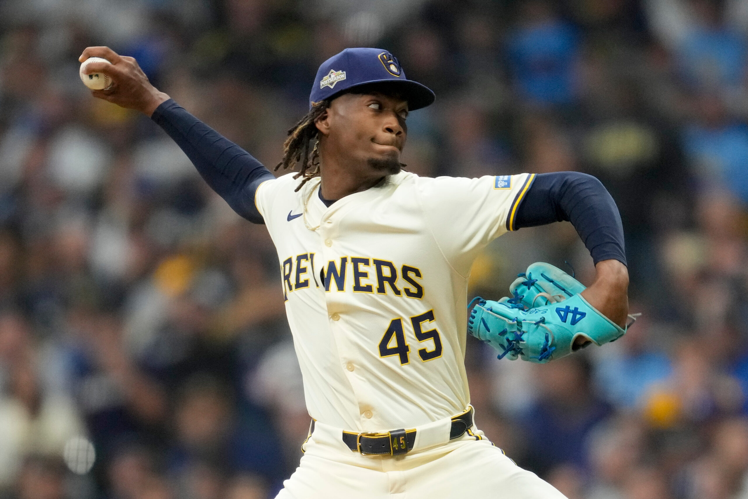 Milwaukee Brewers pitcher Abner Uribe throws against the Dodgers during...