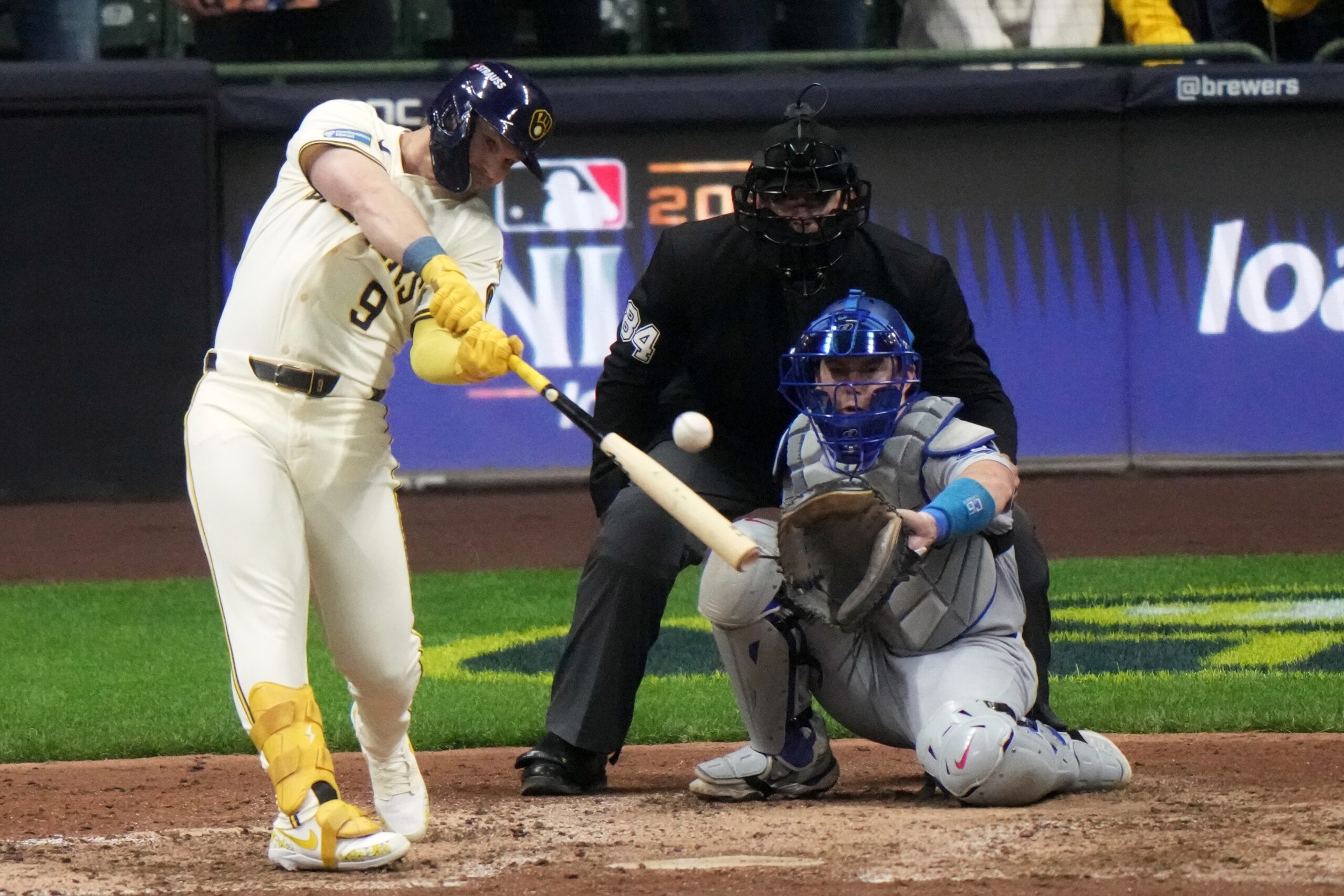 The Milwaukee Brewers’ Jake Bauers hits a double during the...