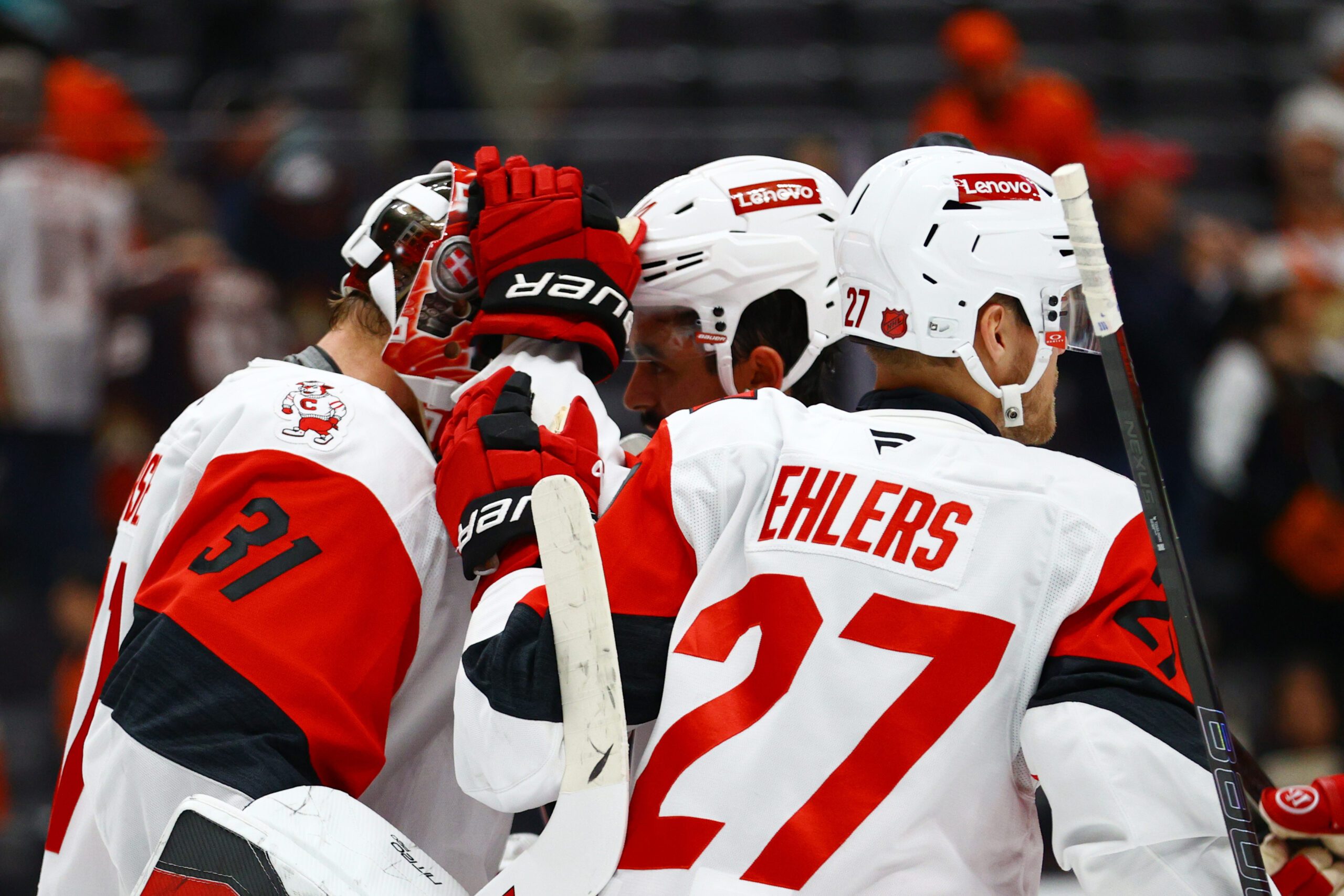 Carolina Hurricanes goaltender Frederik Andersen (31), center Seth Jarvis (24),...
