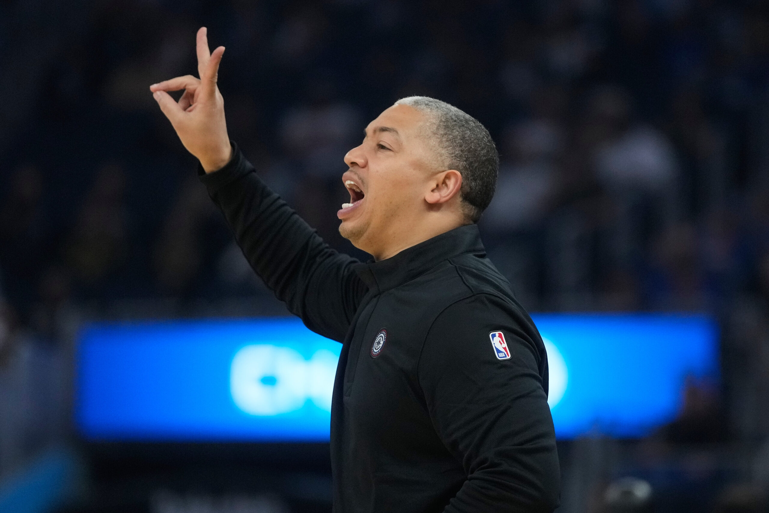 Clippers coach Tyronn Lue gestures during the first half of...