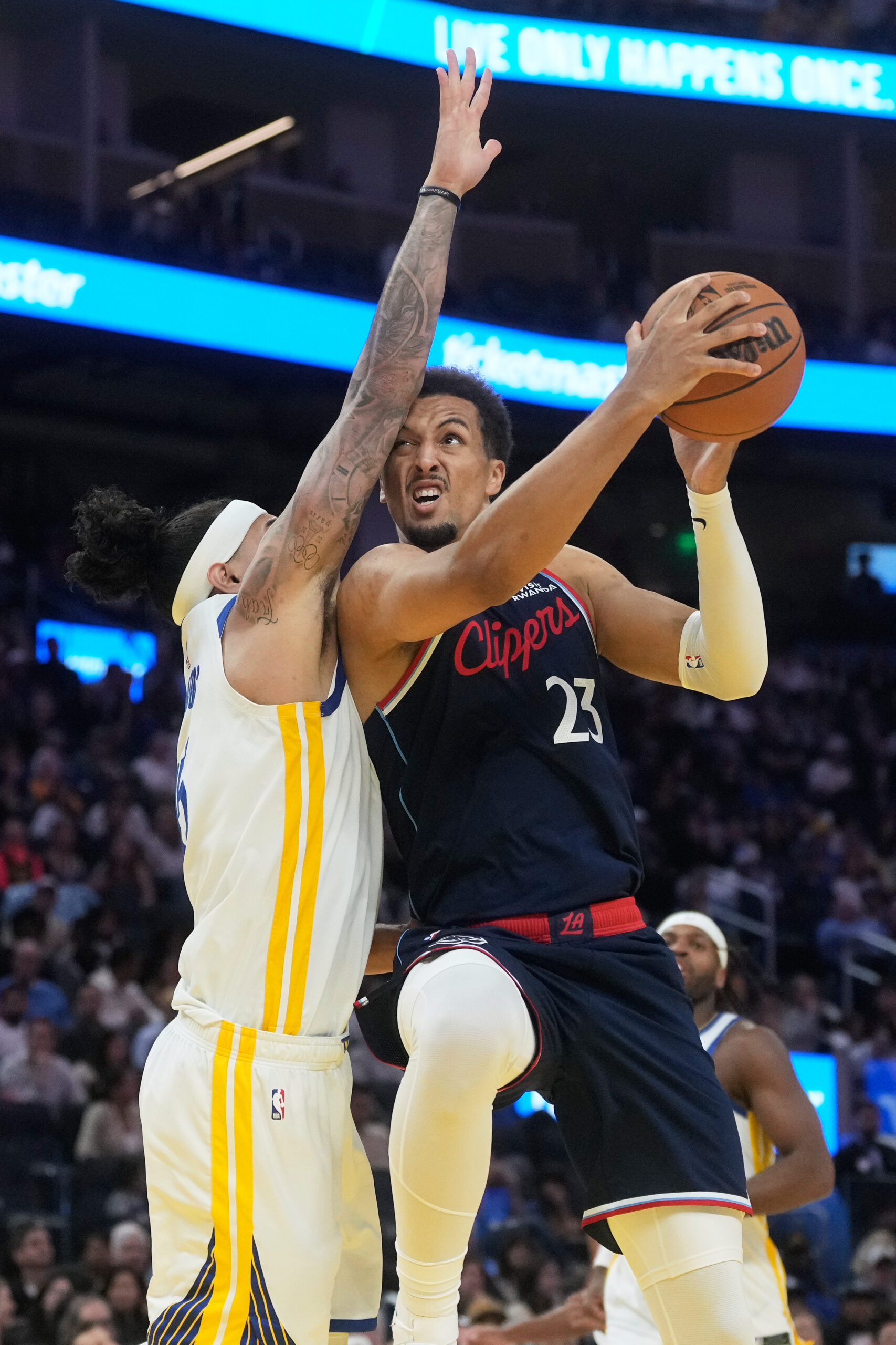 Clippers guard Patrick Baldwin Jr. shoots against Golden State Warriors...