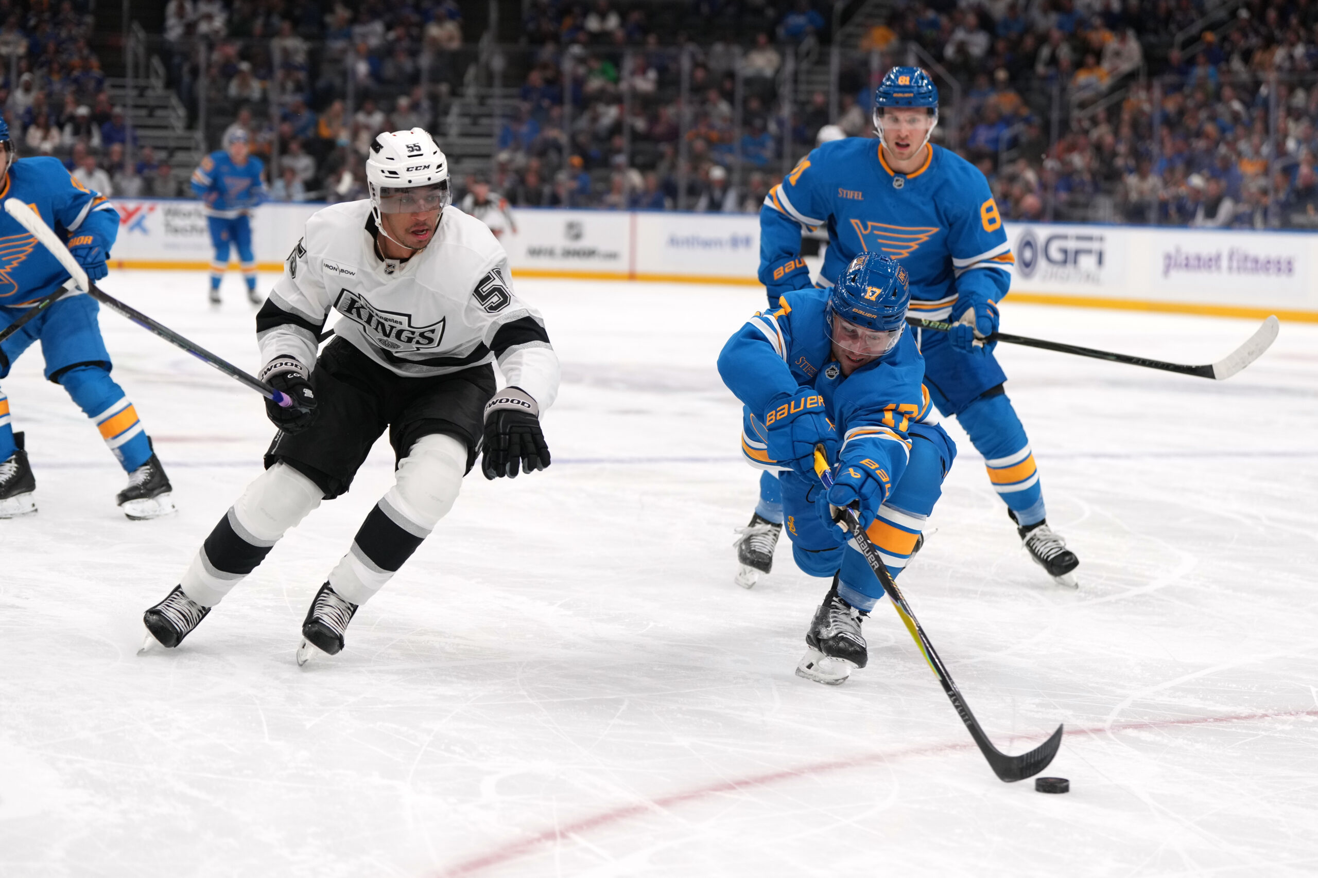 The St. Louis Blues’ Cam Fowler (17) reaches for a...