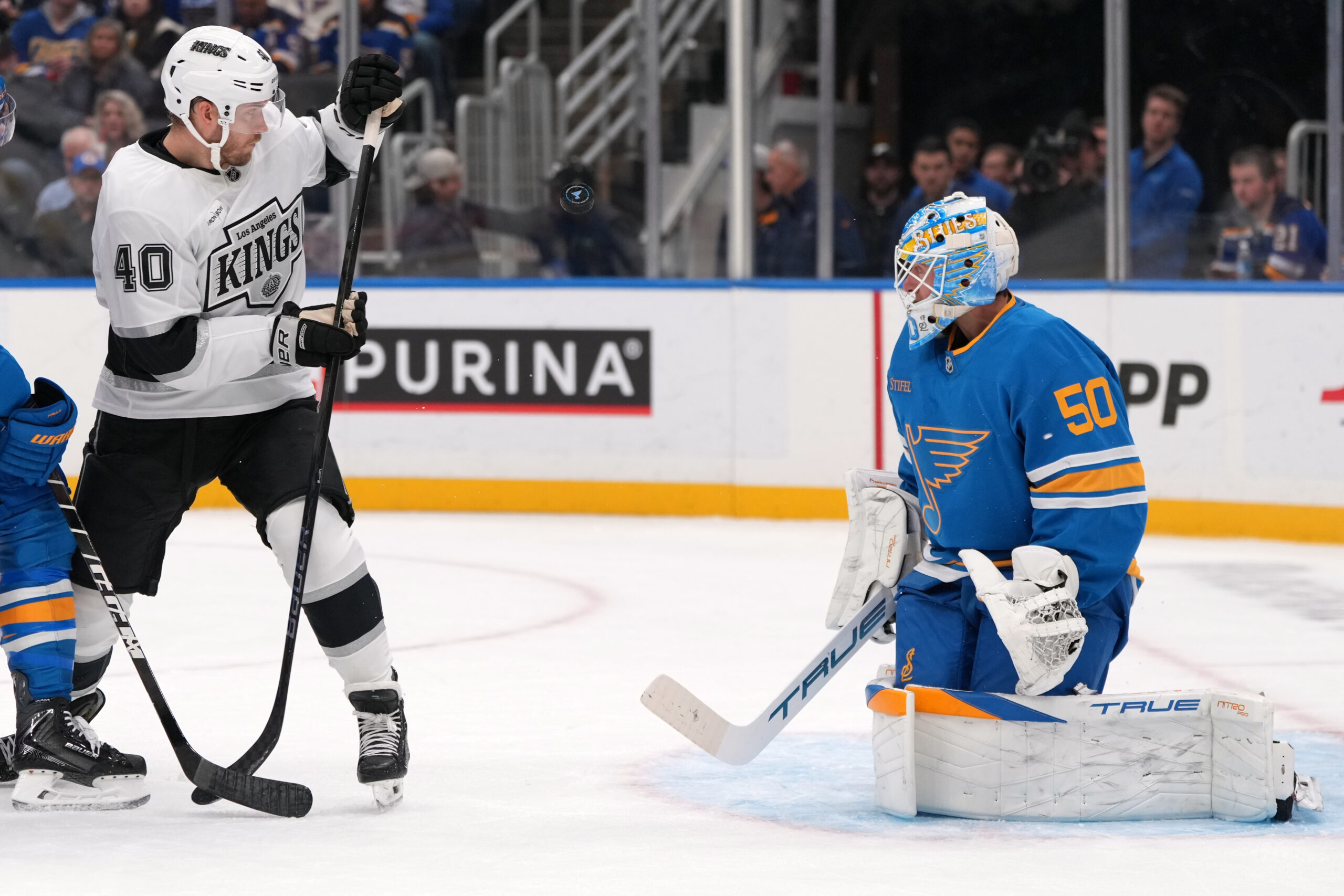 St. Louis Blues goaltender Jordan Binnington (50) and the Kings’...