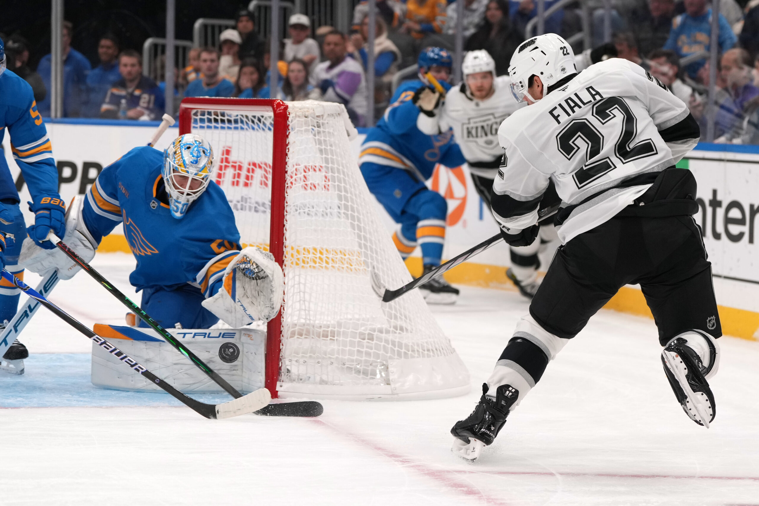 The Kings’ Kevin Fiala (22) is unable to score past...