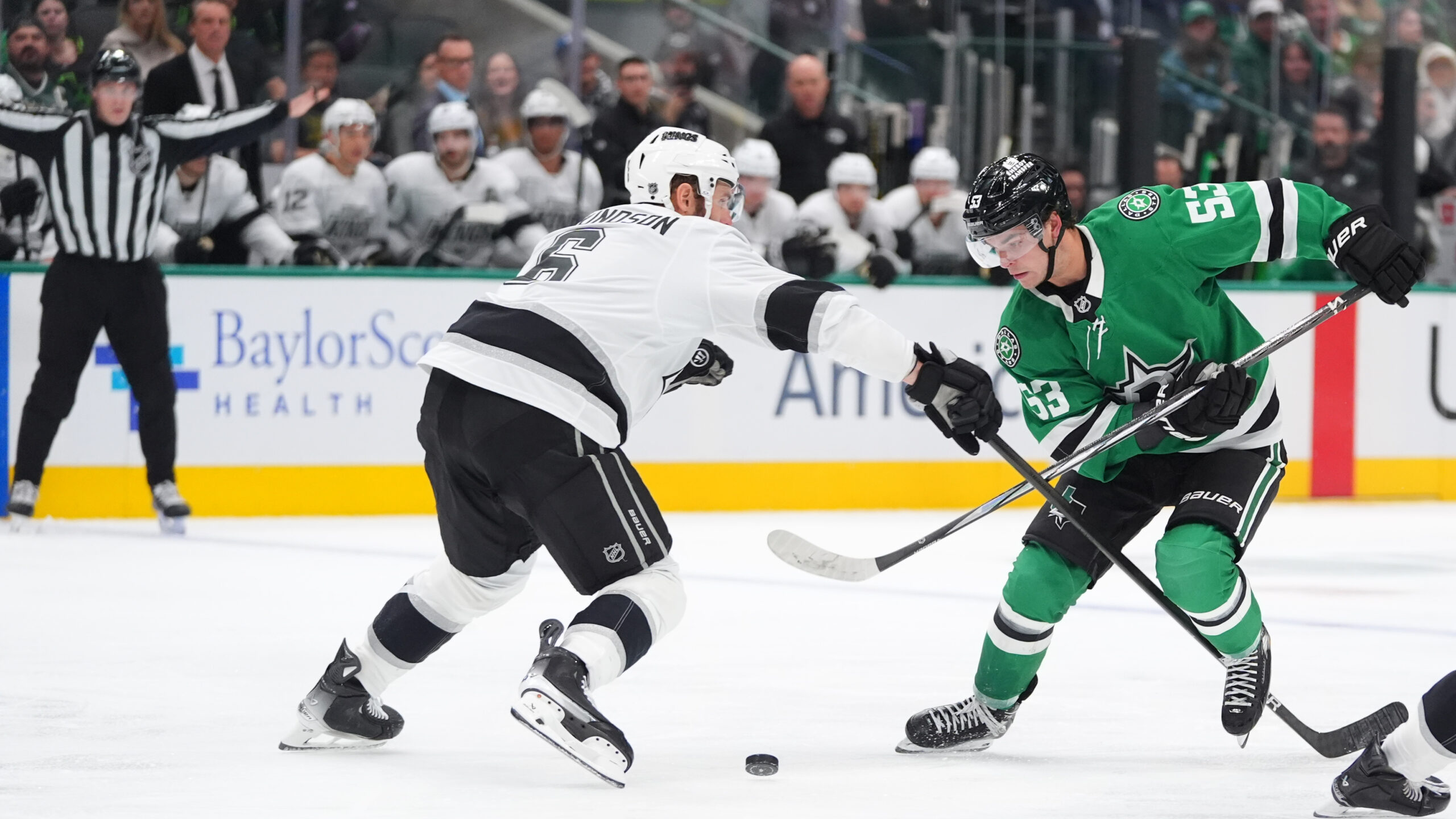 Dallas Stars center Wyatt Johnston (53) skates for the puck...