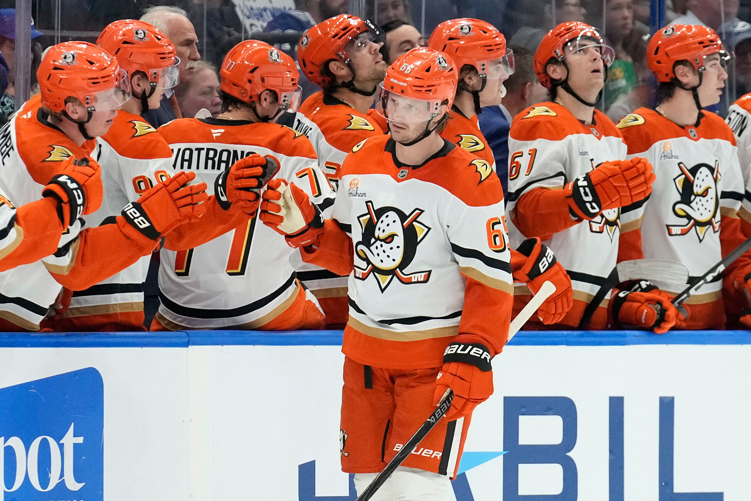 Ducks defenseman Jacob Trouba (65) celebrates with the bench after...