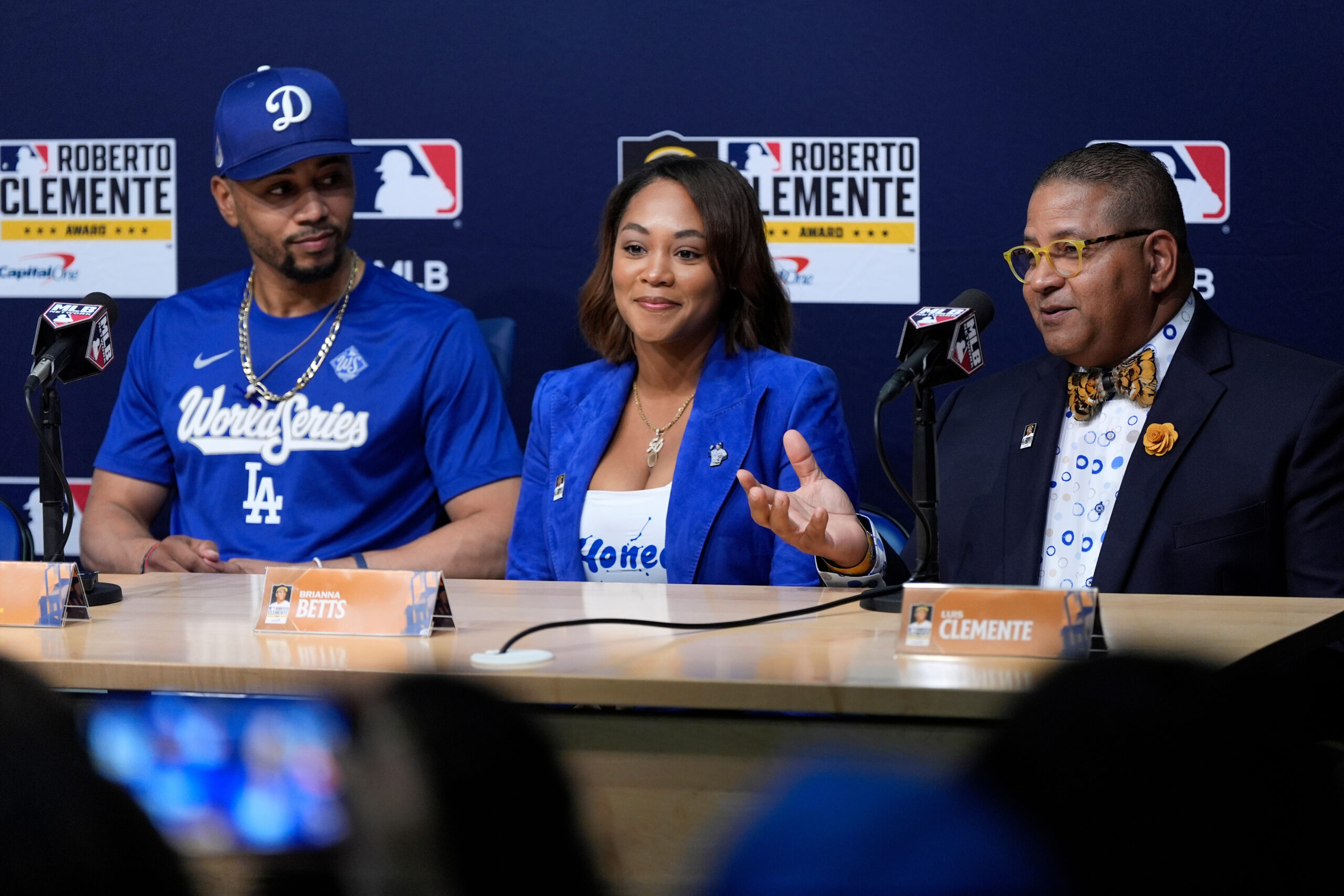 Luis Clemente, son of the late Roberto Clemente, right, speaks...