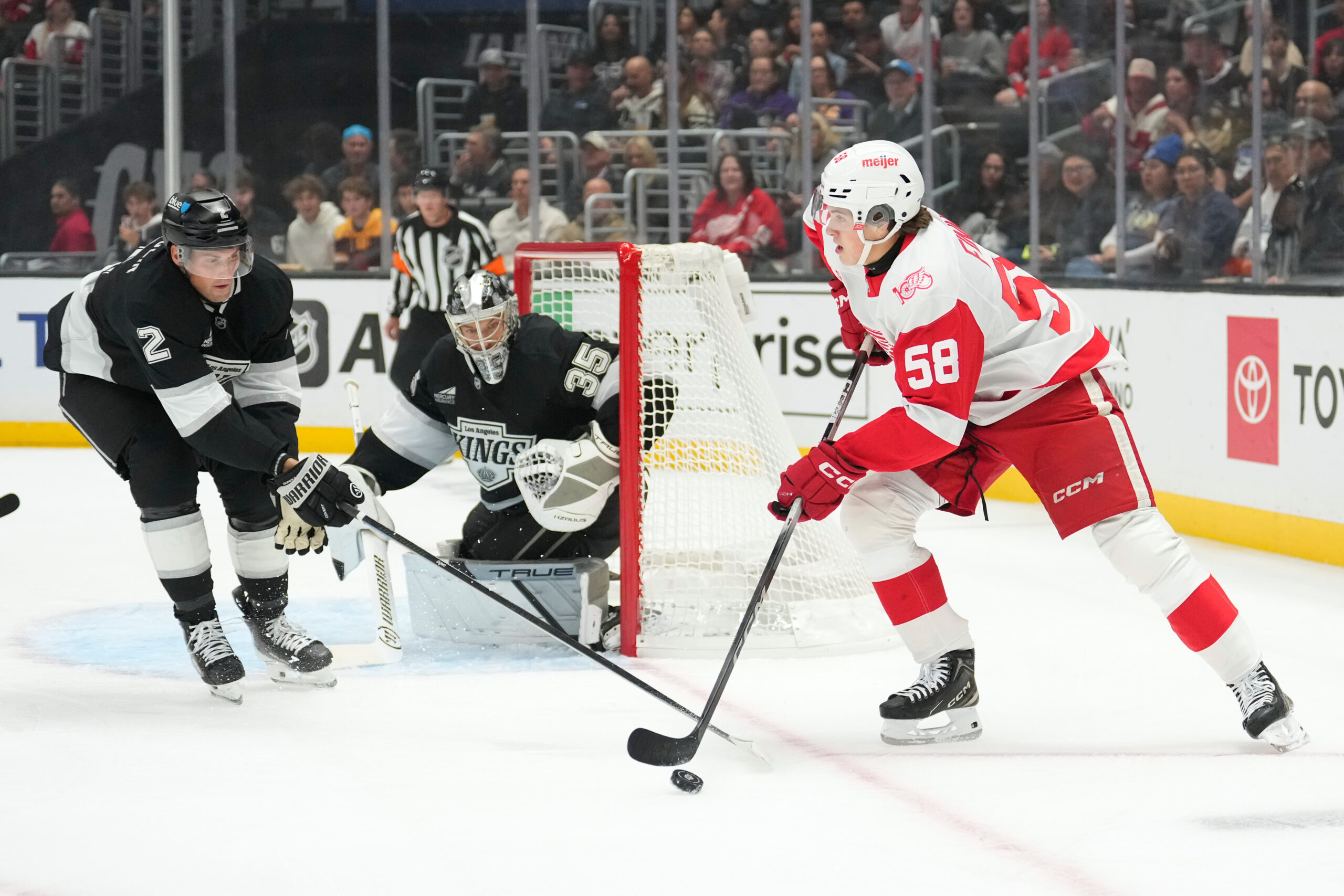 Detroit Red Wings center Emmitt Finnie, right, controls the puck...
