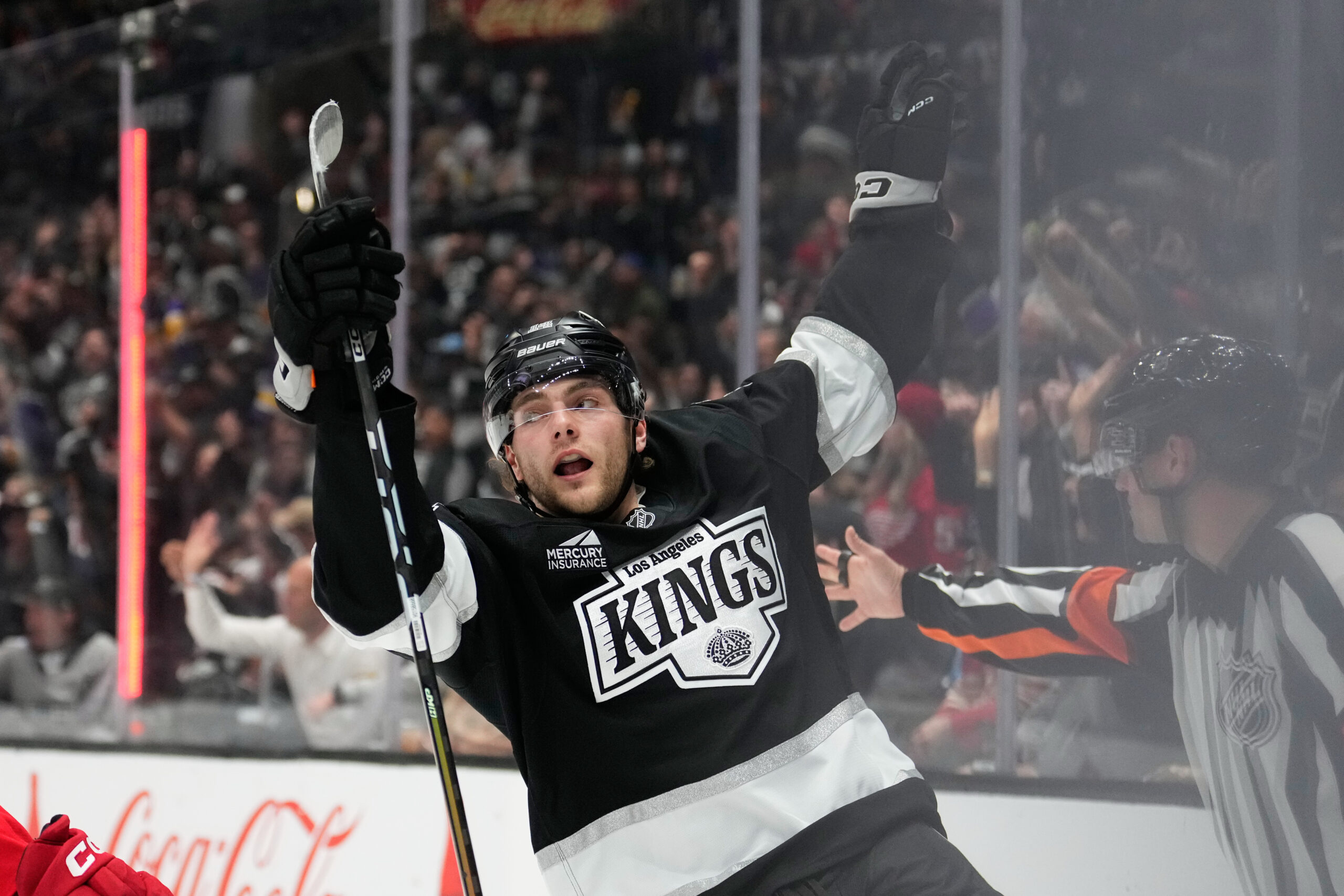 Kings right wing Alex Laferriere celebrates his goal during the...