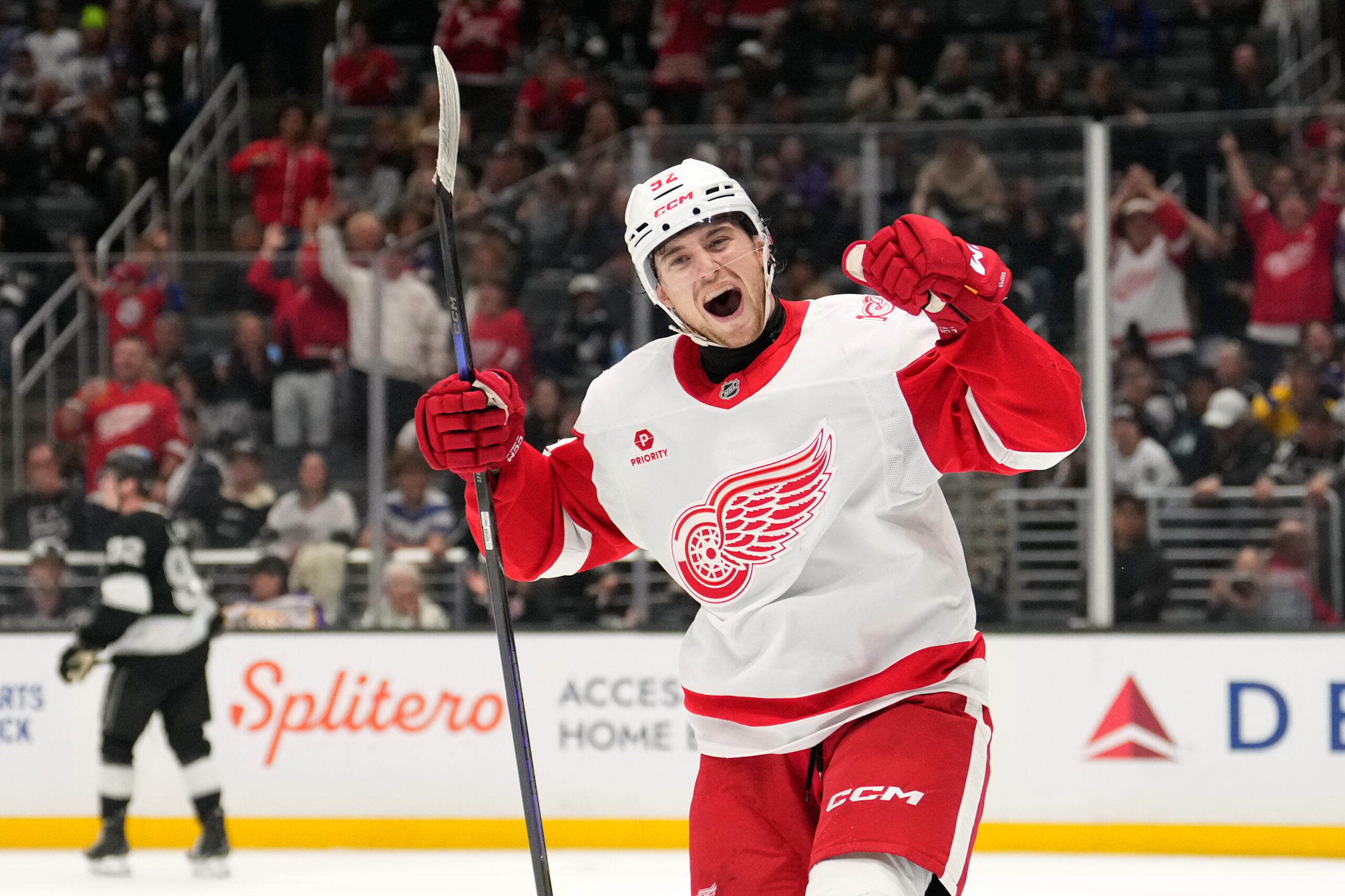 Detroit Red Wings center Marco Kasper celebrates his goal during...