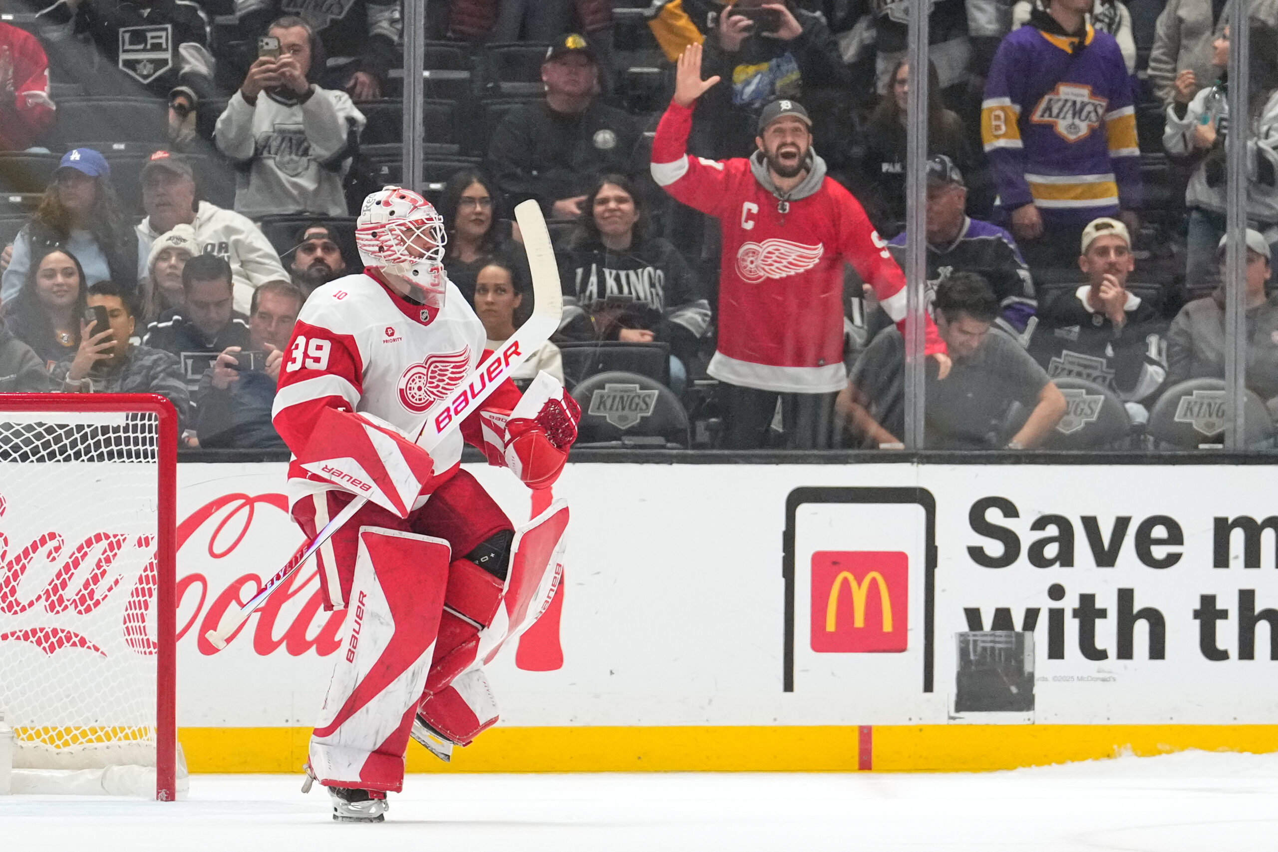 Detroit Red Wings goaltender Cam Talbot celebrates after the Red...