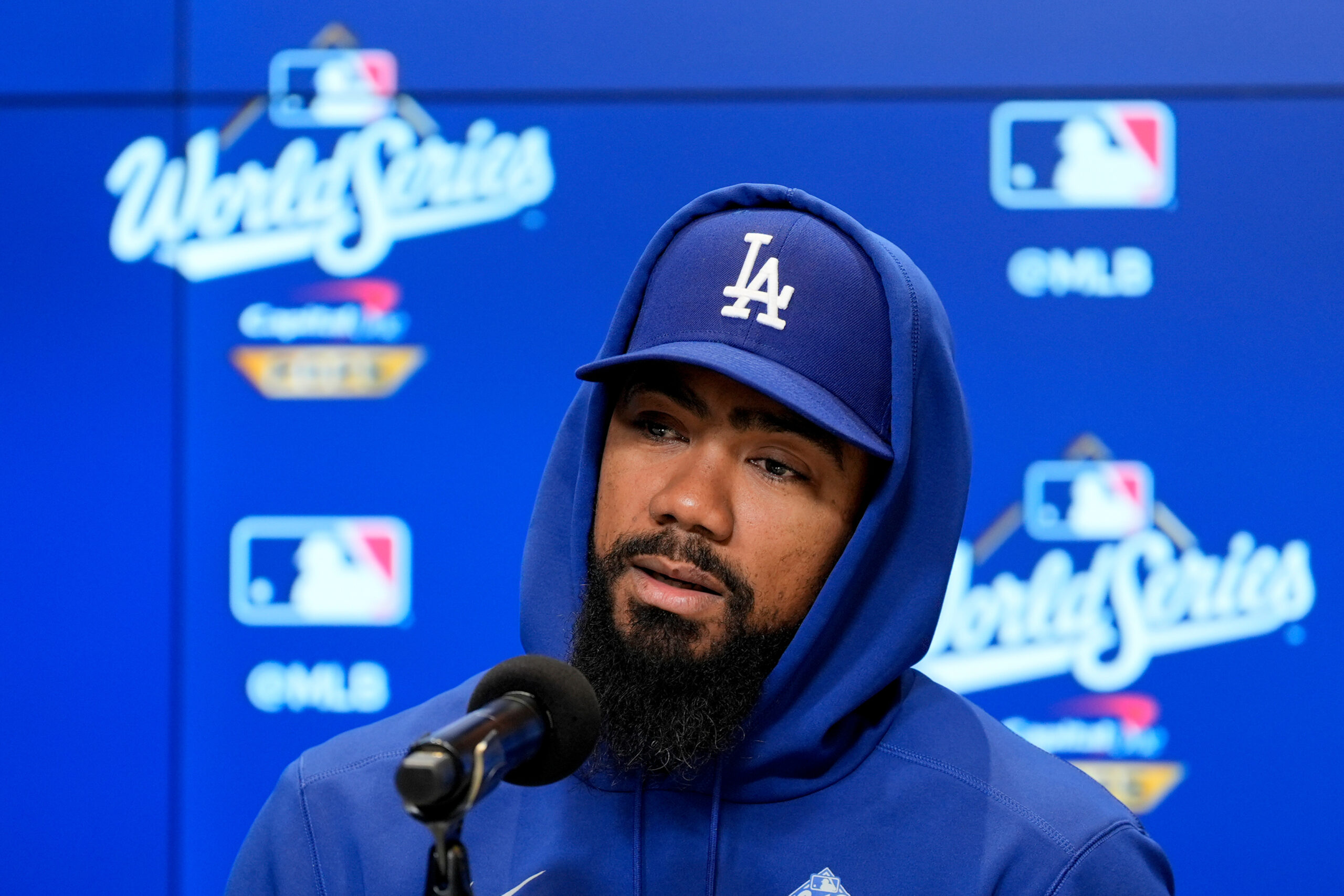 Dodgers outfielder Teoscar Hernández speaks to the media before Game...