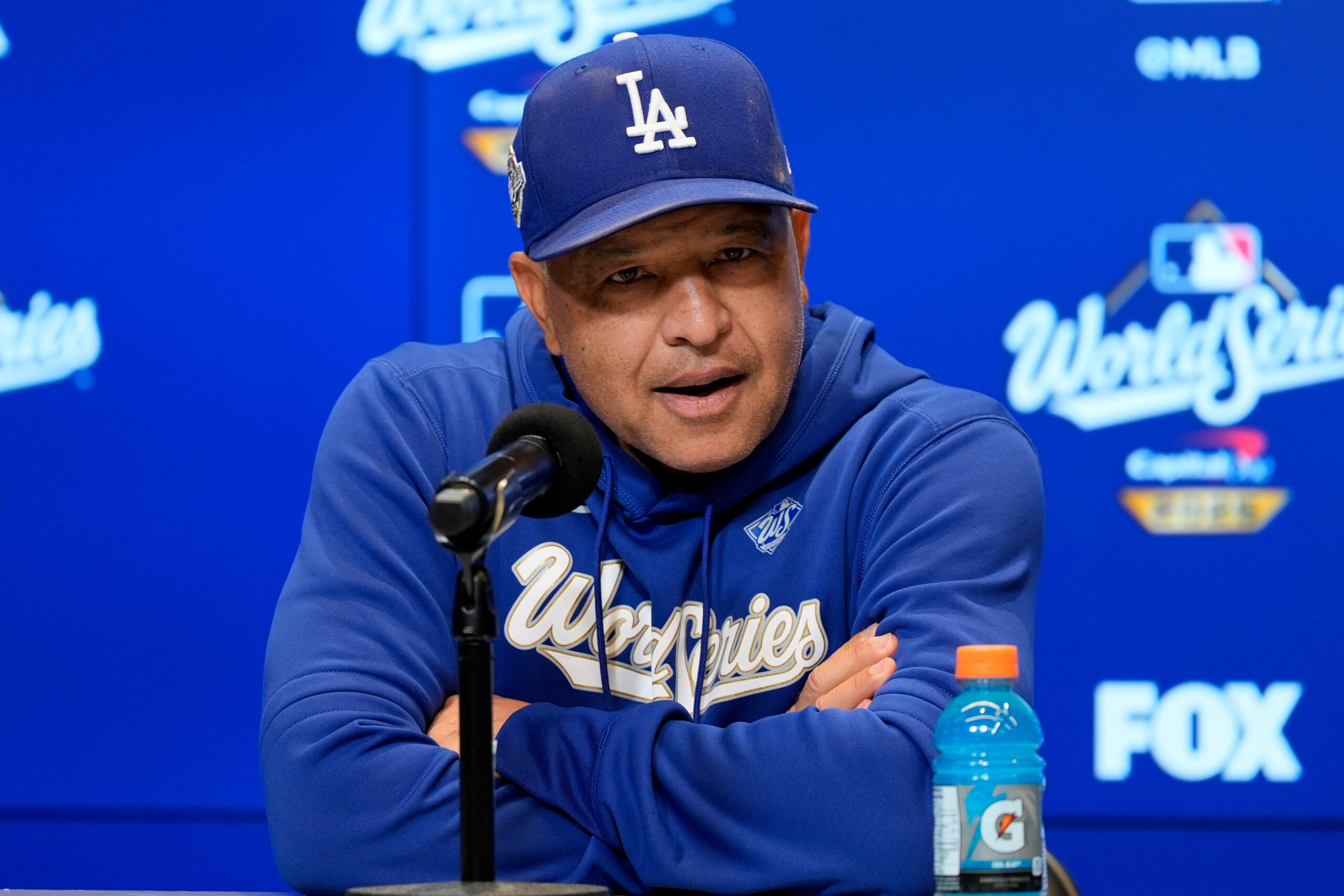 Dodgers manager Dave Roberts speaks to the media before Game...