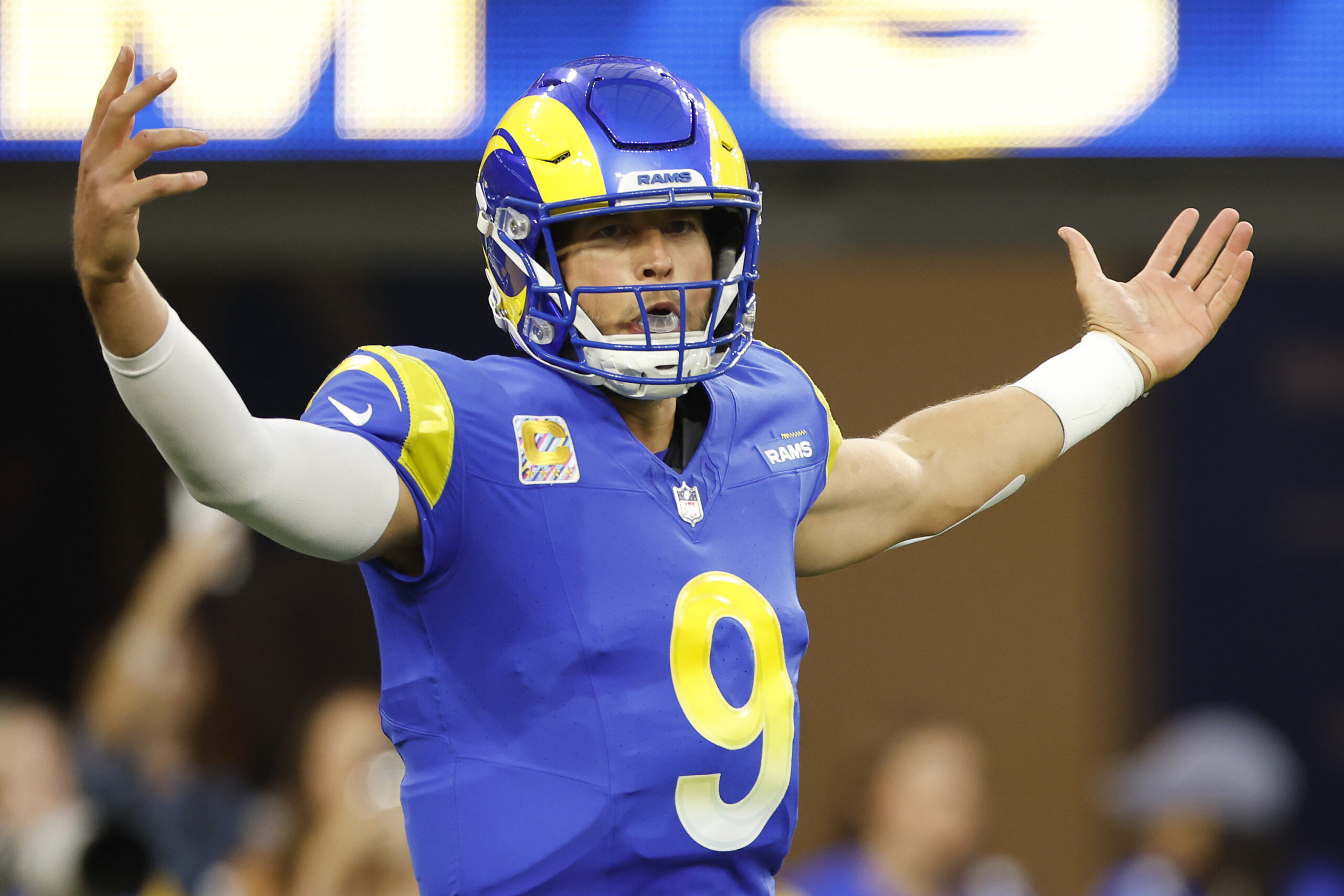 Rams quarterback Matthew Stafford gestures during the first half of...