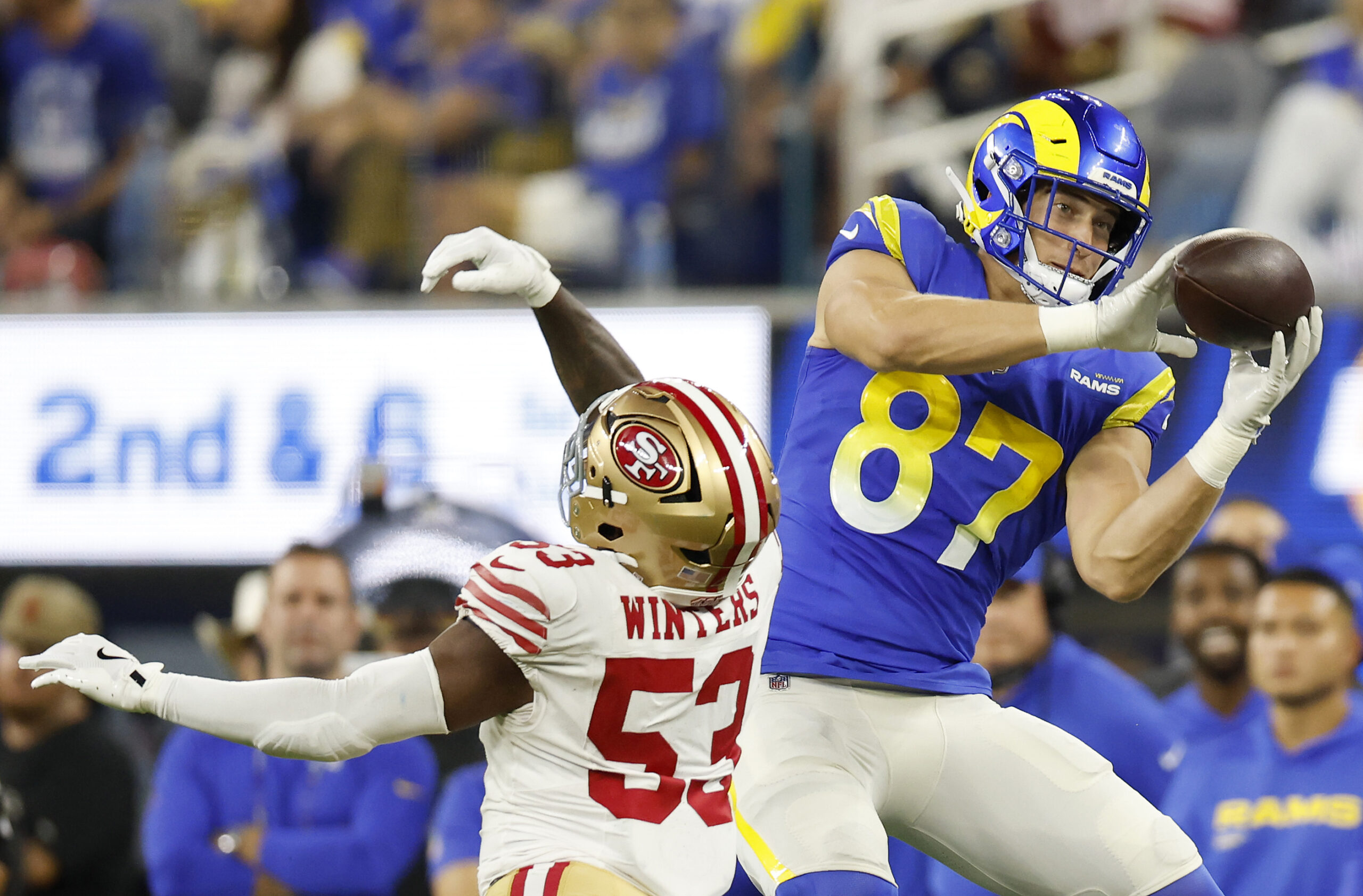 The Rams’ Davis Allen catches a pass in front of...