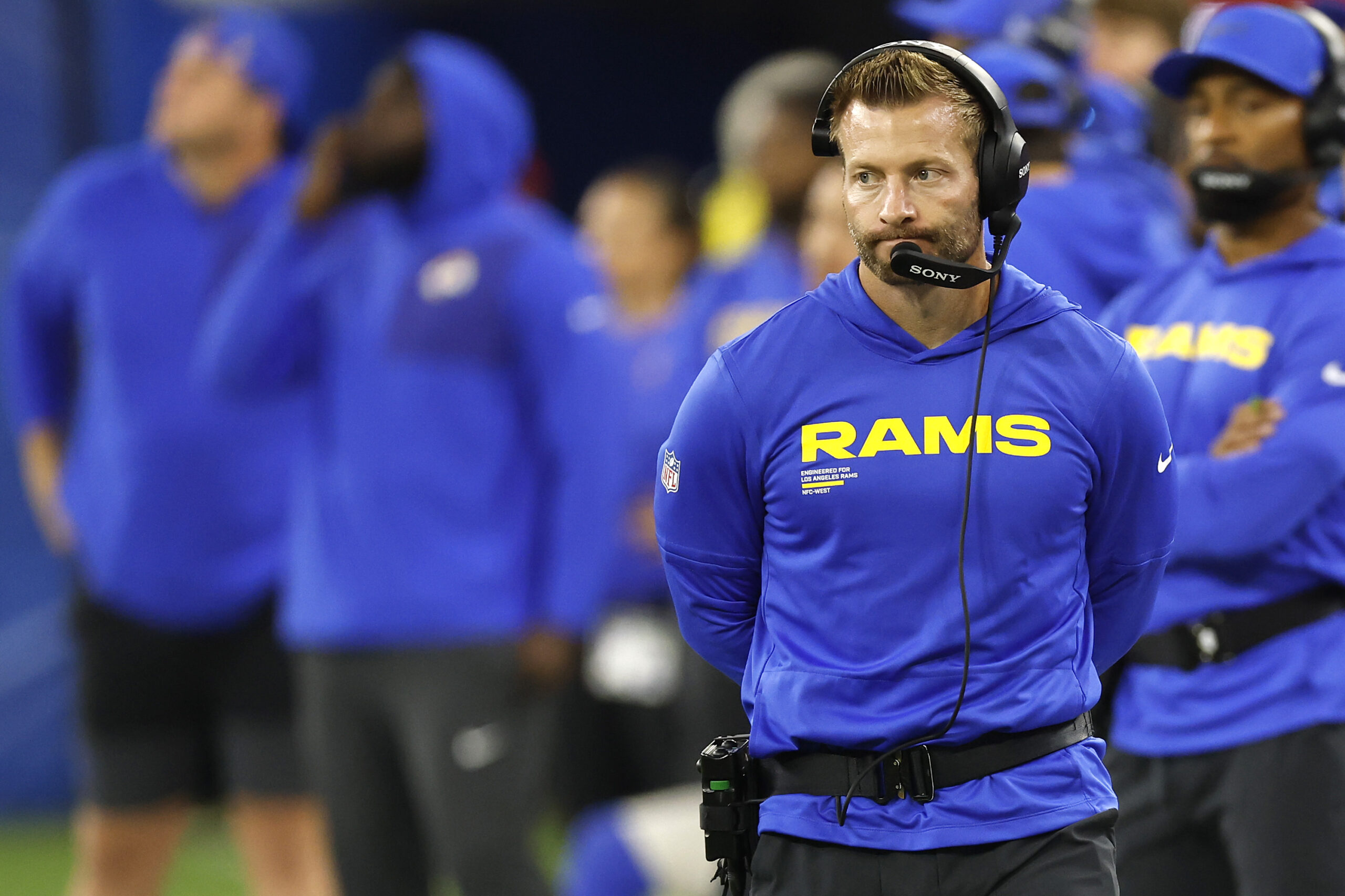 Rams head coach Sean McVay reacts on the sideline during...