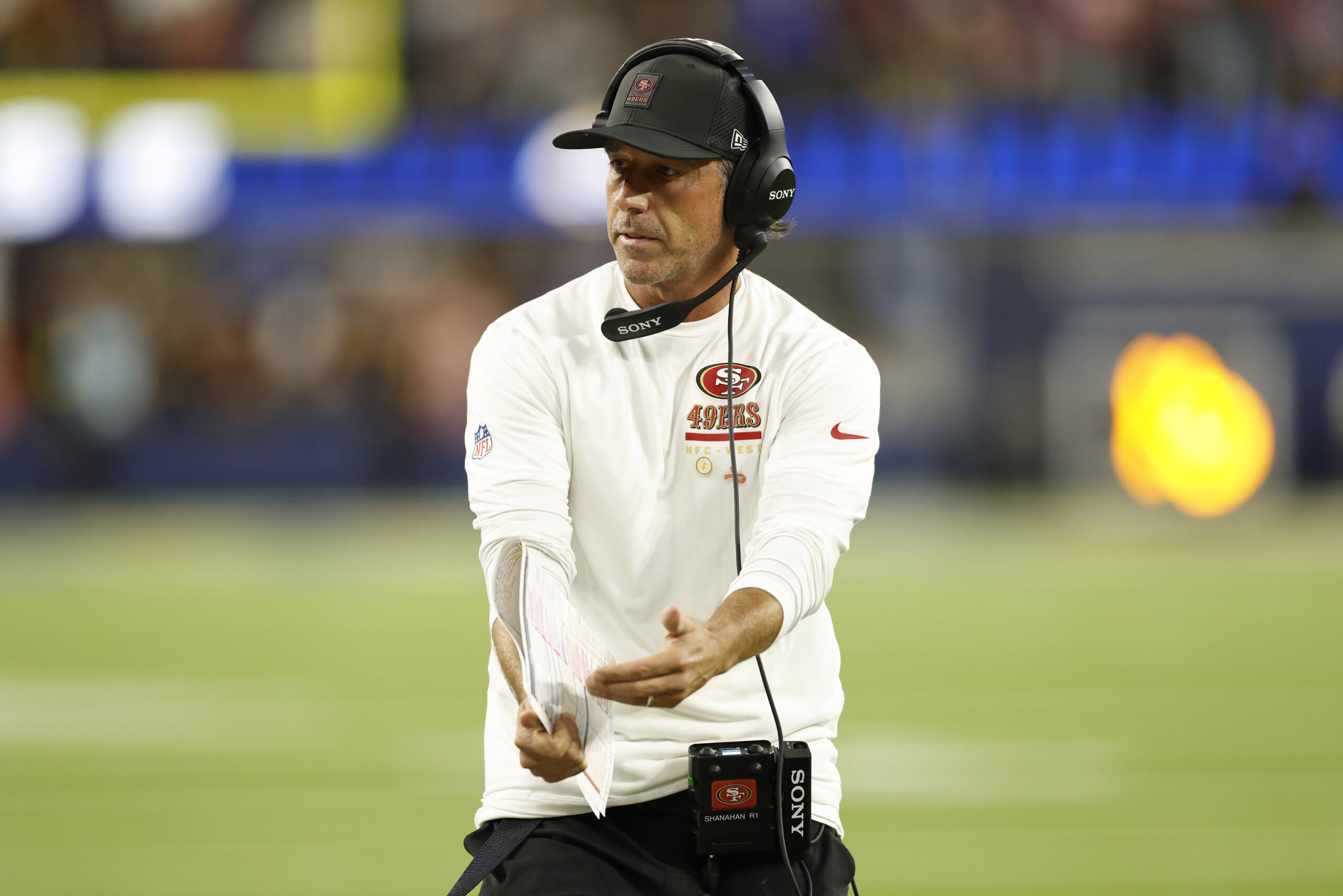 San Francisco 49ers head coach Kyle Shanahan calls a timeout...