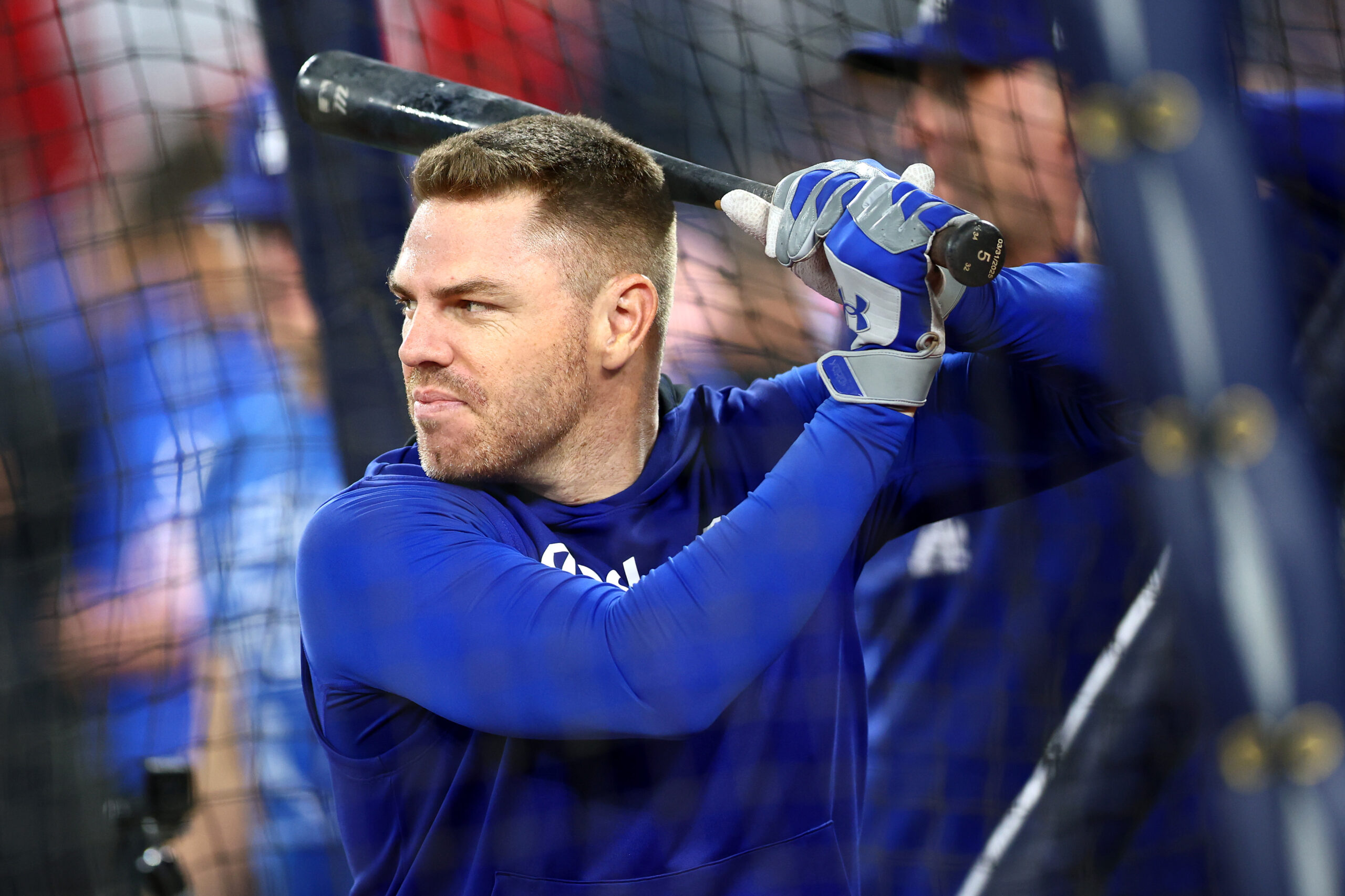 Dodgers first baseman Freddie Freeman takes batting practice before Game...