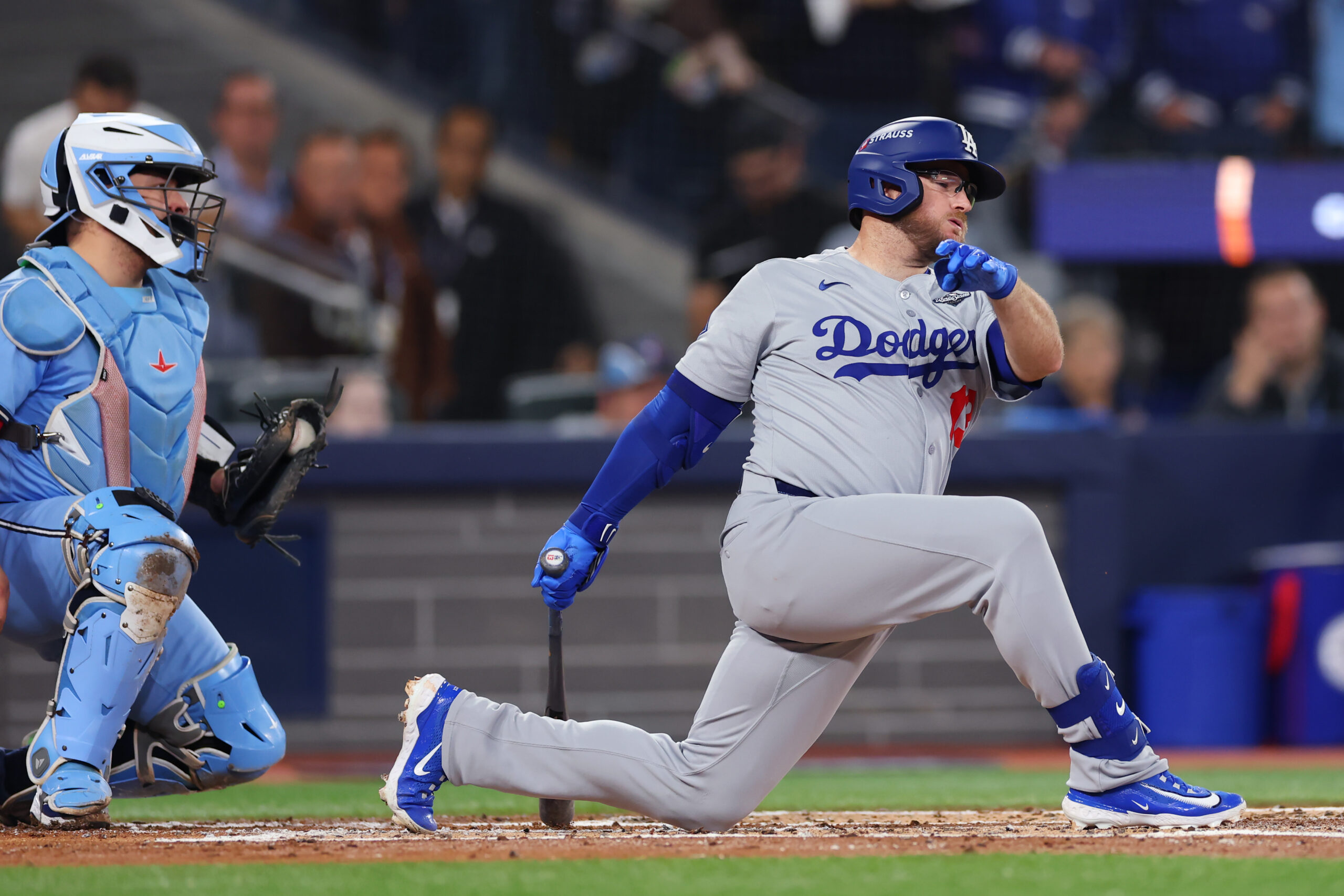 The Dodgers’ Max Muncy strikes out during the second inning...