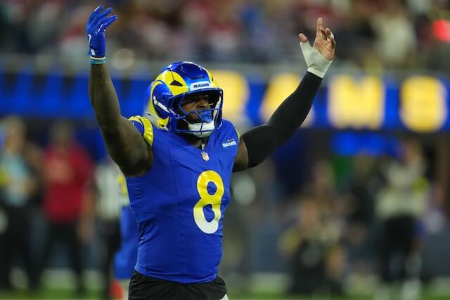 Oct 2, 2025; Inglewood, California, USA; Los Angeles Rams linebacker Jared Verse (8) reacts against the San Francisco 49ers during the second half at SoFi Stadium. Mandatory Credit: Kirby Lee-Imagn Images Jared Verse, Rams