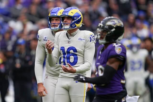 Oct 12, 2025; Baltimore, Maryland, USA; Los Angeles Rams punter Ethan Evans (42) and kicker Joshua Karty (16) react after a missed field goal against the Baltimore Ravens during the first quarter of the game at M&T Bank Stadium. Mandatory Credit: Mitch Stringer-Imagn Images Joshua Karty, Rams