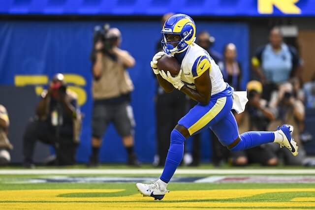 Aug 16, 2025; Inglewood, California, USA; Los Angeles Los Angeles Rams wide receiver Konata Mumpfield (15) scores a touchdown against the Los Angeles Chargers during the first quarter at SoFi Stadium. Mandatory Credit: Jonathan Hui-Imagn Images Kobata Mumpfield, Rams, Jaguars