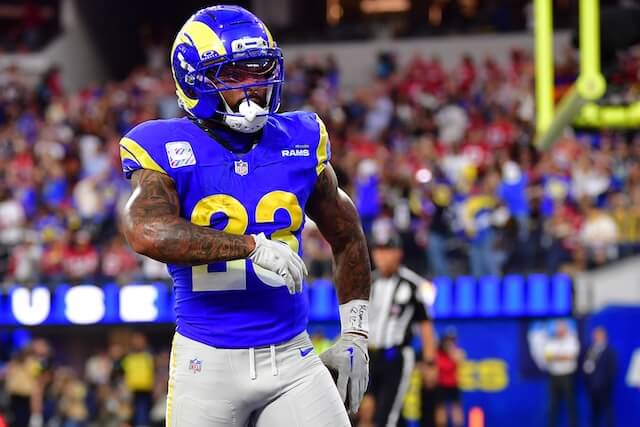 Oct 2, 2025; Inglewood, California, USA; Los Angeles Rams running back Kyren Williams (23) reacts after rushing for a touchdown against the San Francisco 49ers during the first half at SoFi Stadium. Mandatory Credit: Gary A. Vasquez-Imagn Images Kyren Williams, Rams