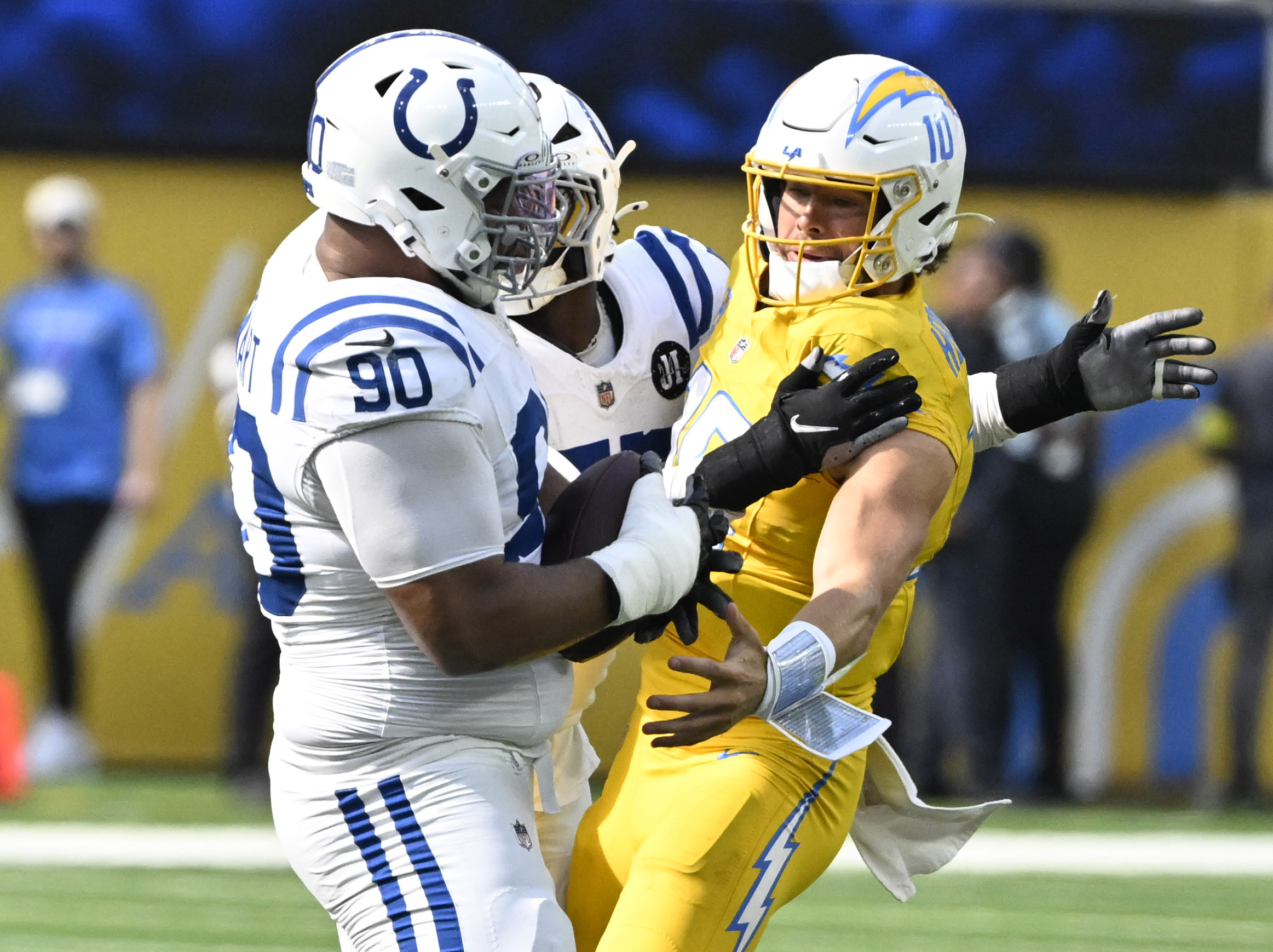 Defensive tackle Grover Stewart #90 of the Indianapolis Colts intercepts...