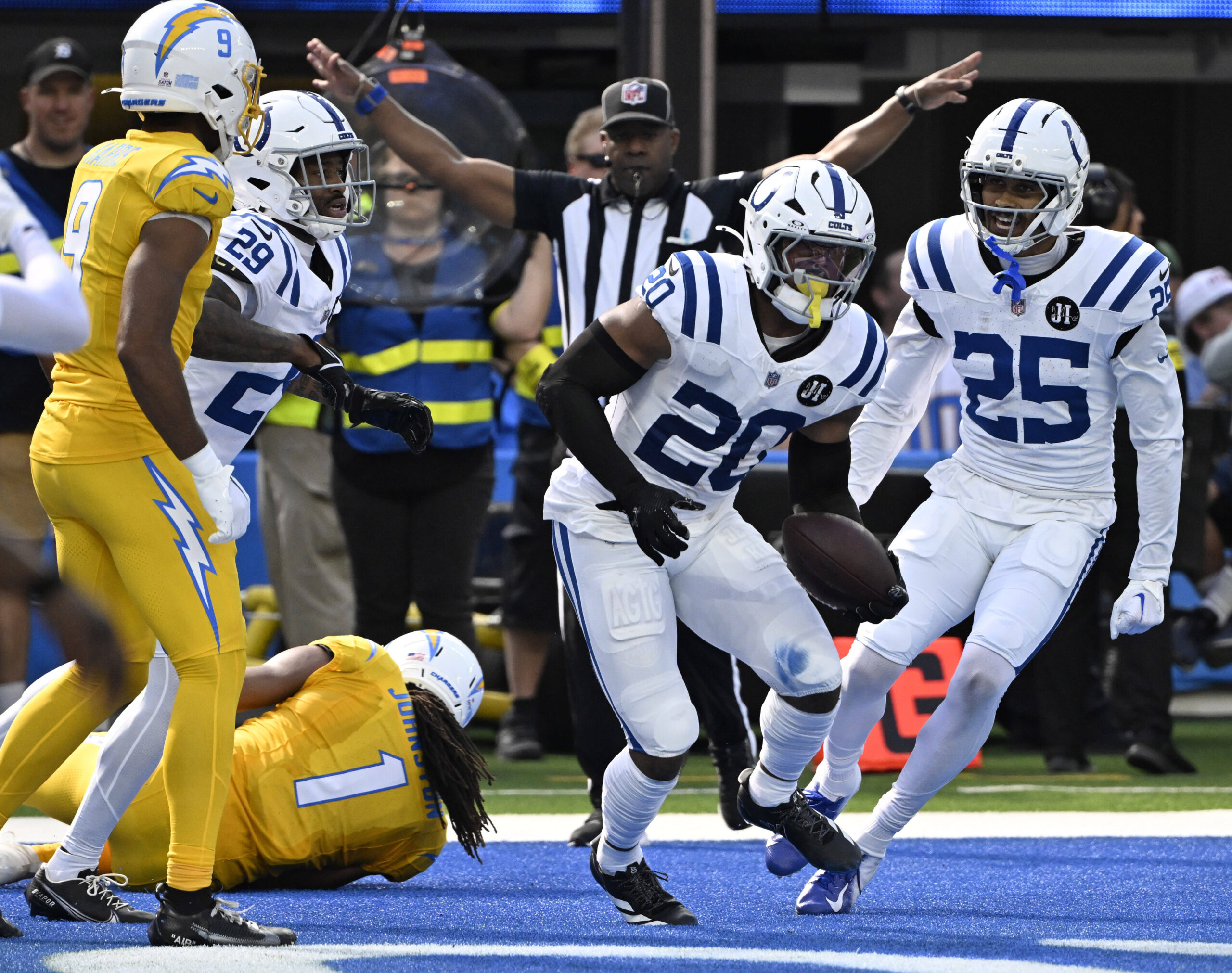 Safety Nick Cross #20 of the Indianapolis Colts intercepts a...