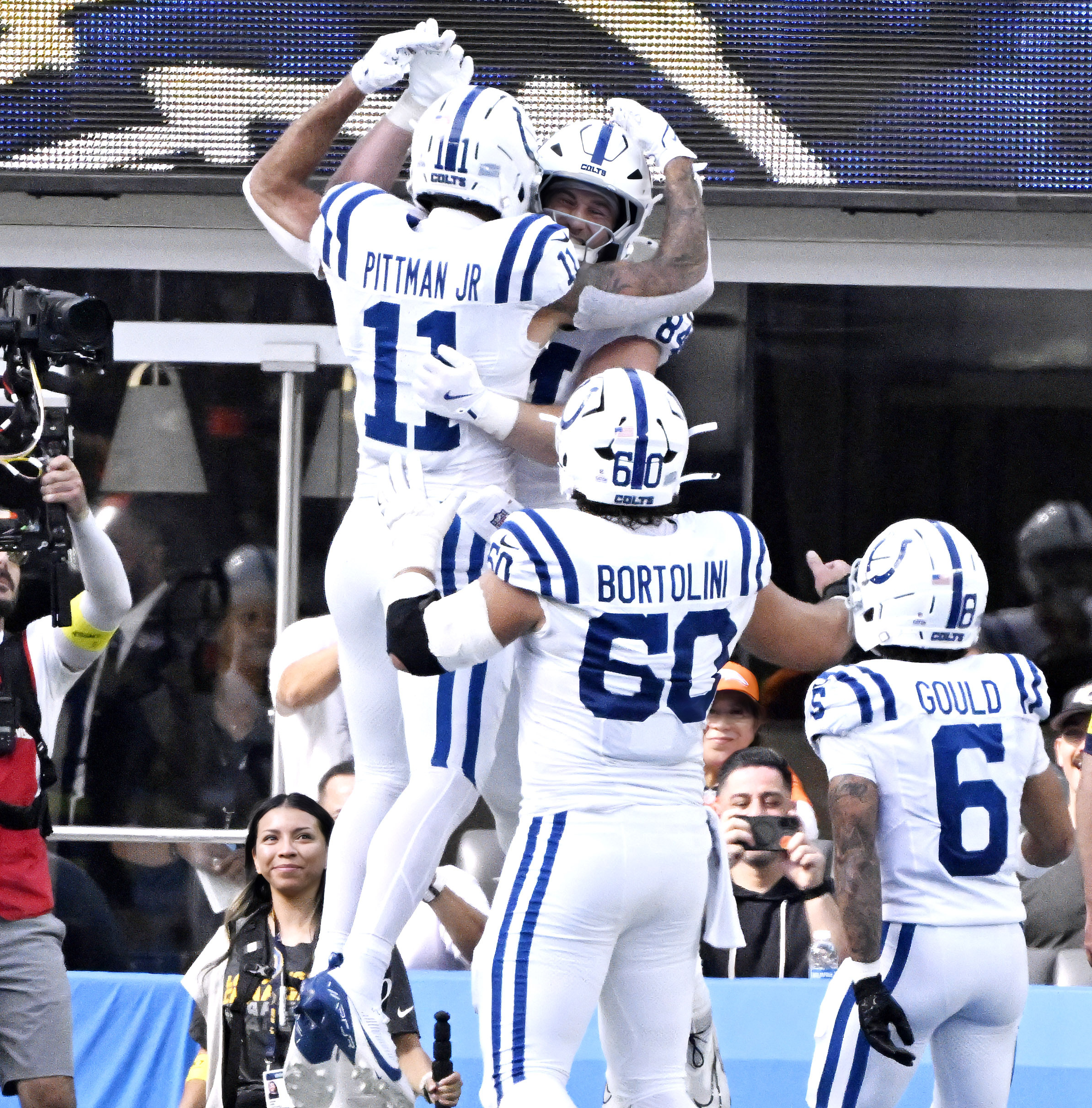 Tight end Tyler Warren #84 celebrates after a touchdown with...